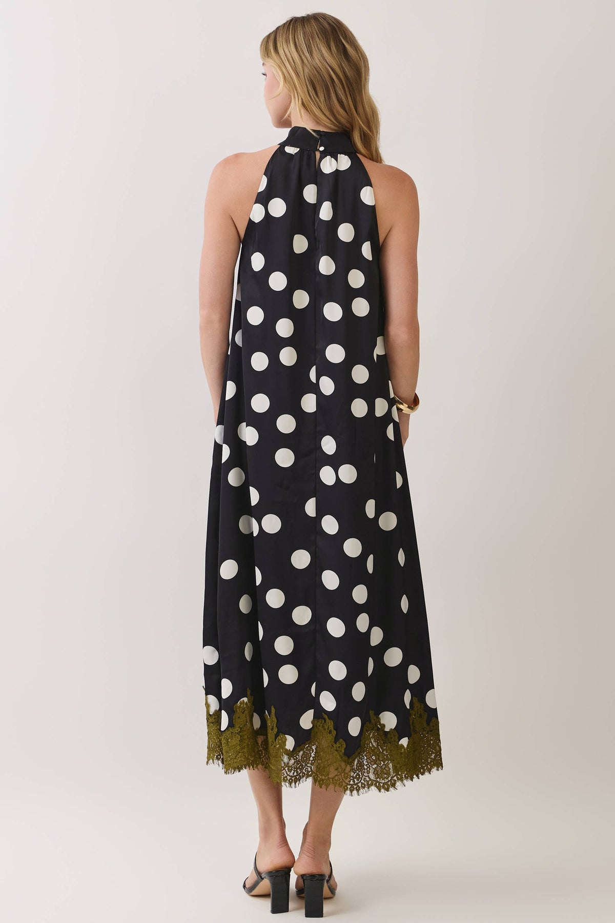Polka Dot Lace Trim Halter Maxi Dress