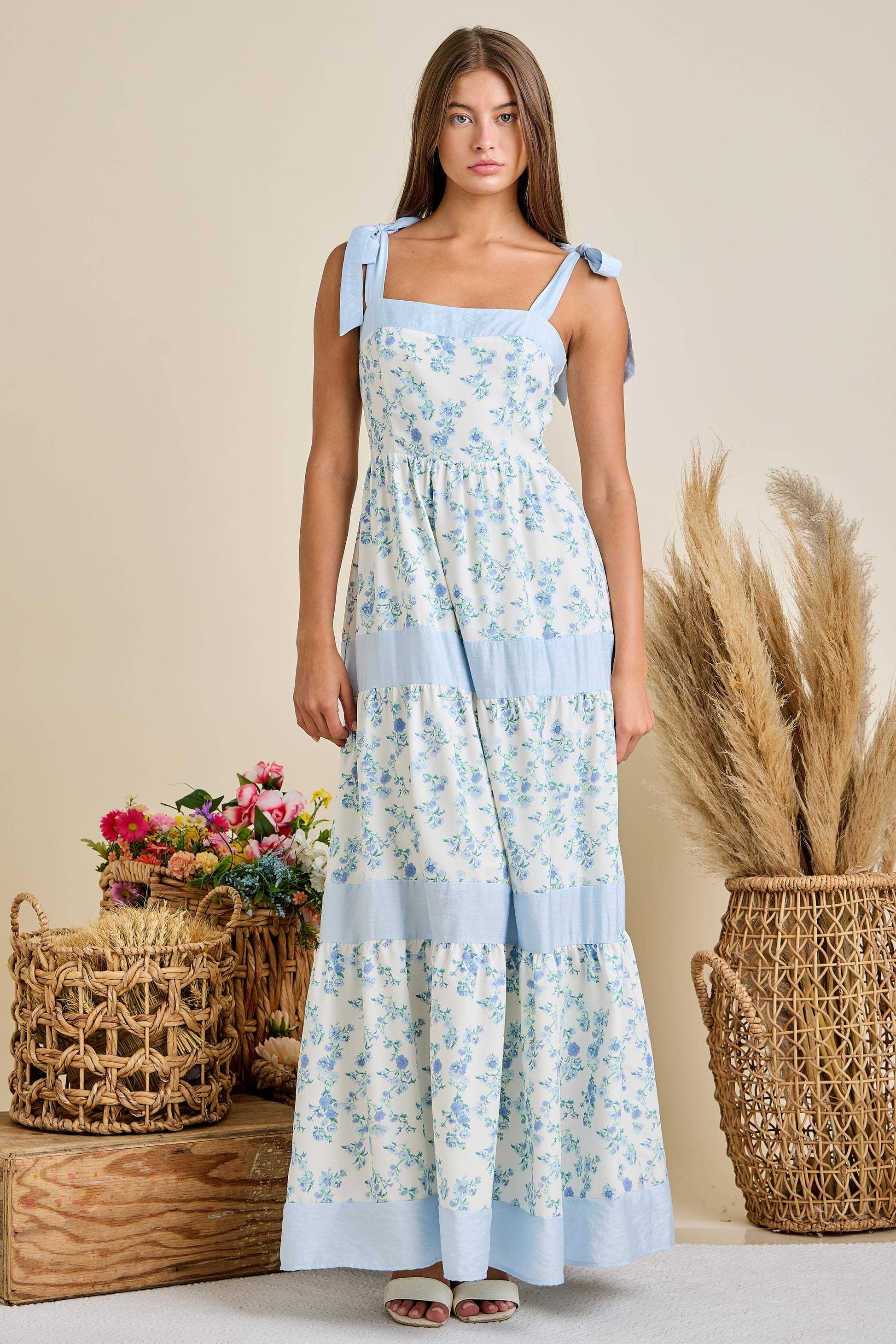 Floral Printed Maxi Shoulder Tie Dress