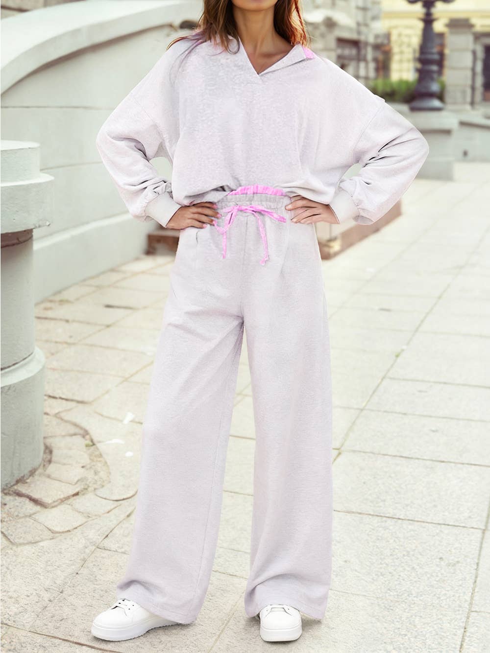 Frilled Collar Drop Shoulder Pullover Drawstring Pant Set: Light Grey / XL
