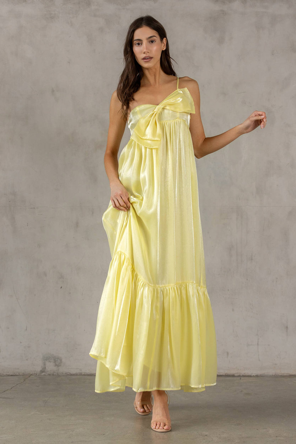 SATIN METALLIC SHEEN MAXI BOW DRESS