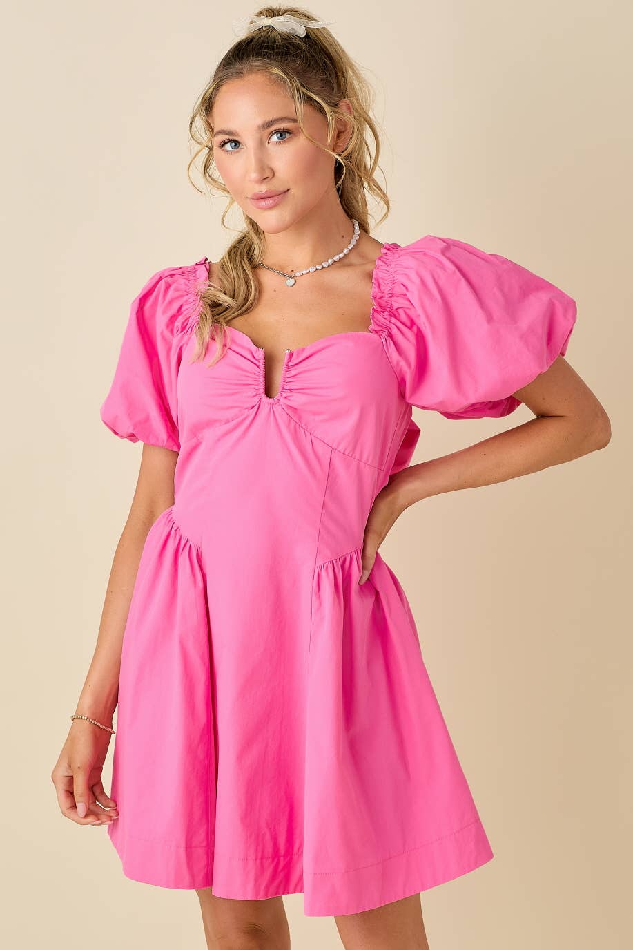 *Sweetheart neckline A-line mini dress: PINK