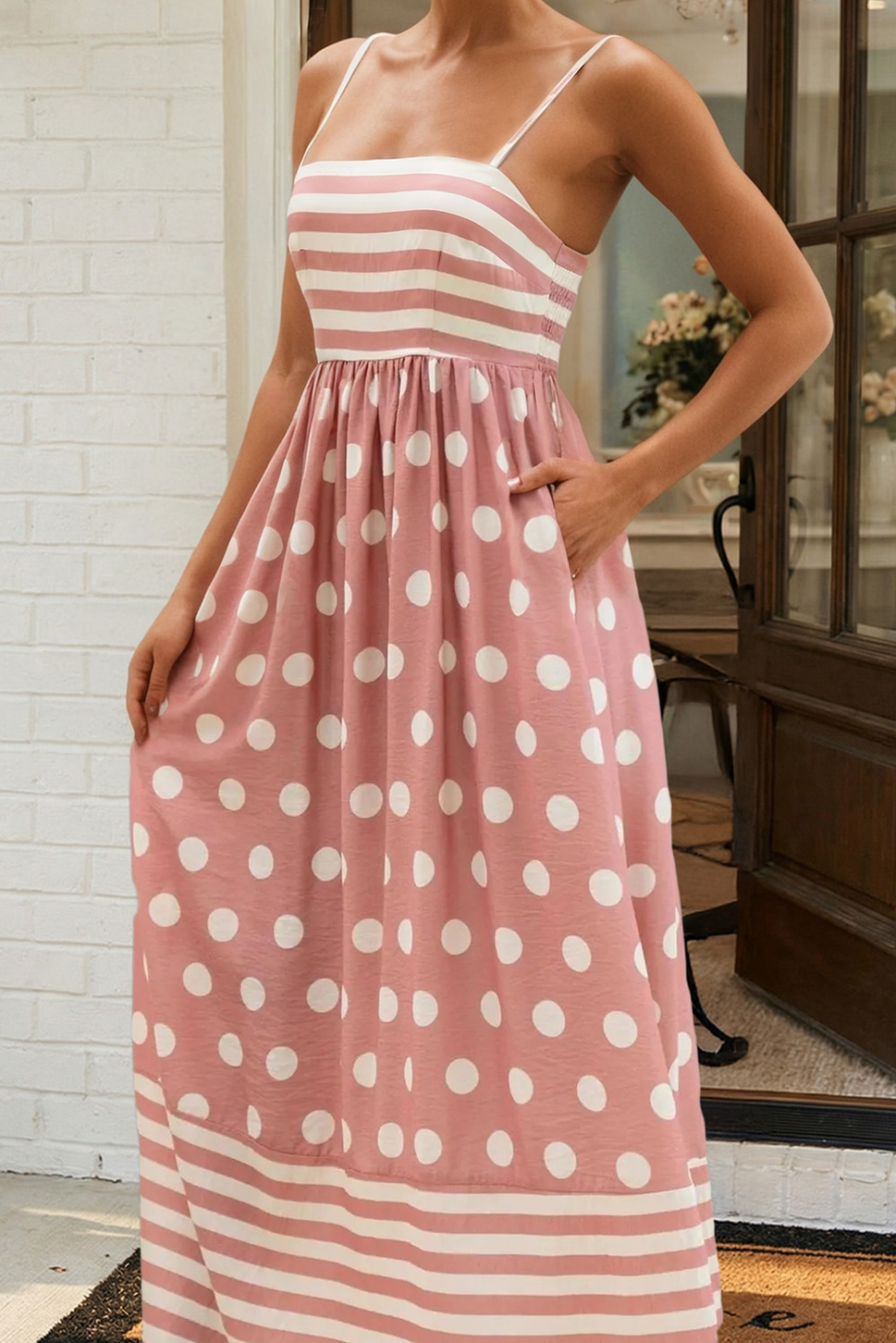 *LAS Striped Polka Dot Spaghetti Straps Maxi Dress