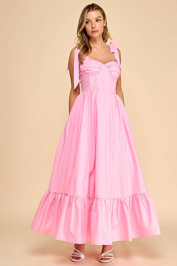 Bustier maxi dress with ruffle skirt and tied shoulder strap