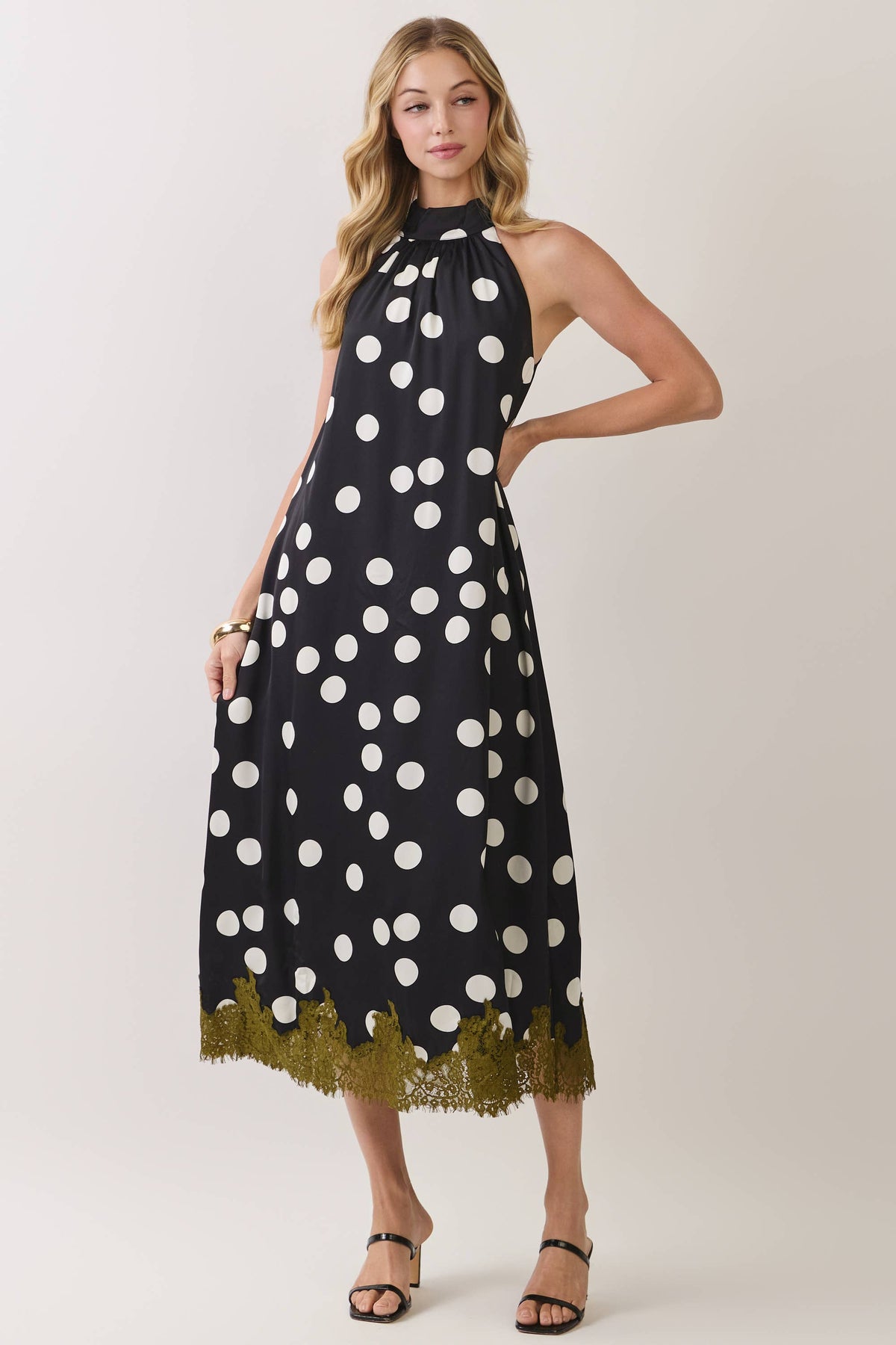 Polka Dot Lace Trim Halter Maxi Dress