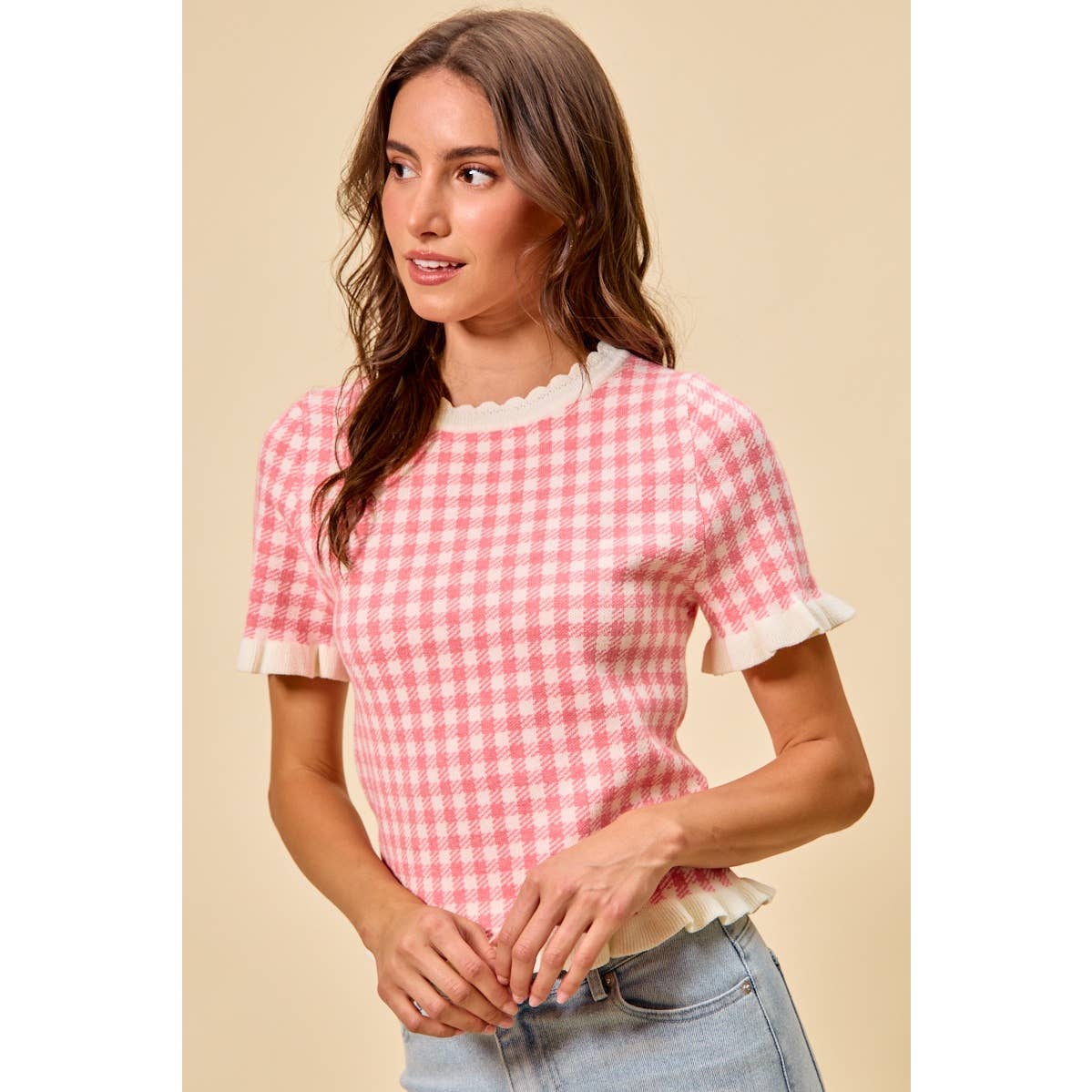 GINGHAM KNIT RUFFLED SHORT SLEEVES SWEATER TOP