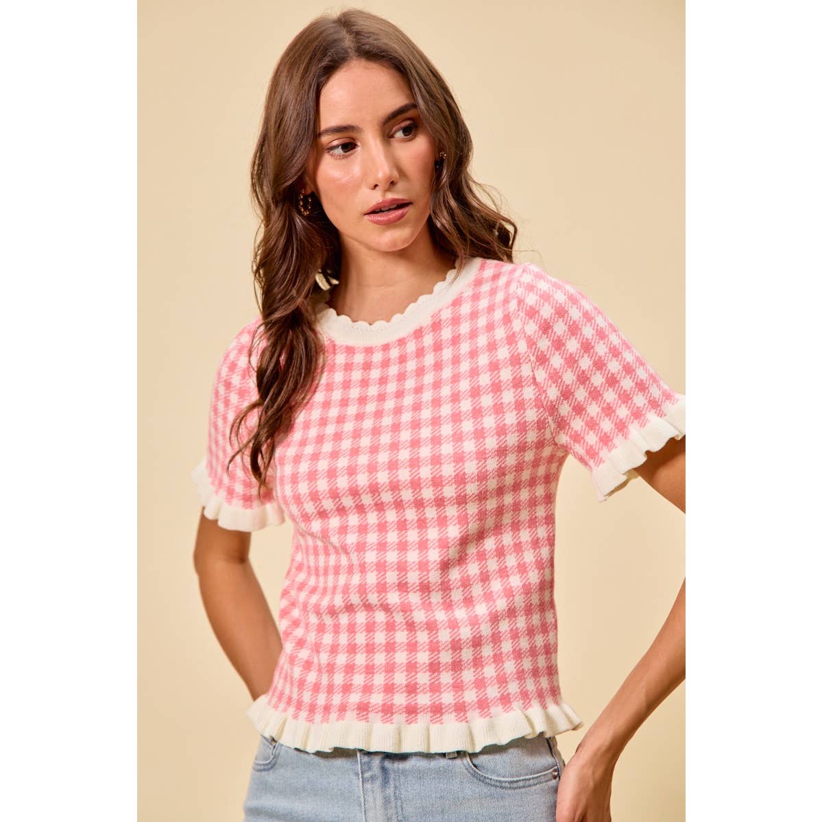 GINGHAM KNIT RUFFLED SHORT SLEEVES SWEATER TOP