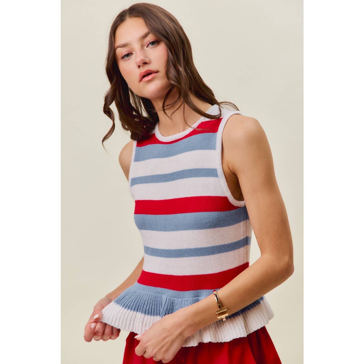 4TH OF JULY STRIPE RUFFLE BOTTOM SWEATER KNIT TOP