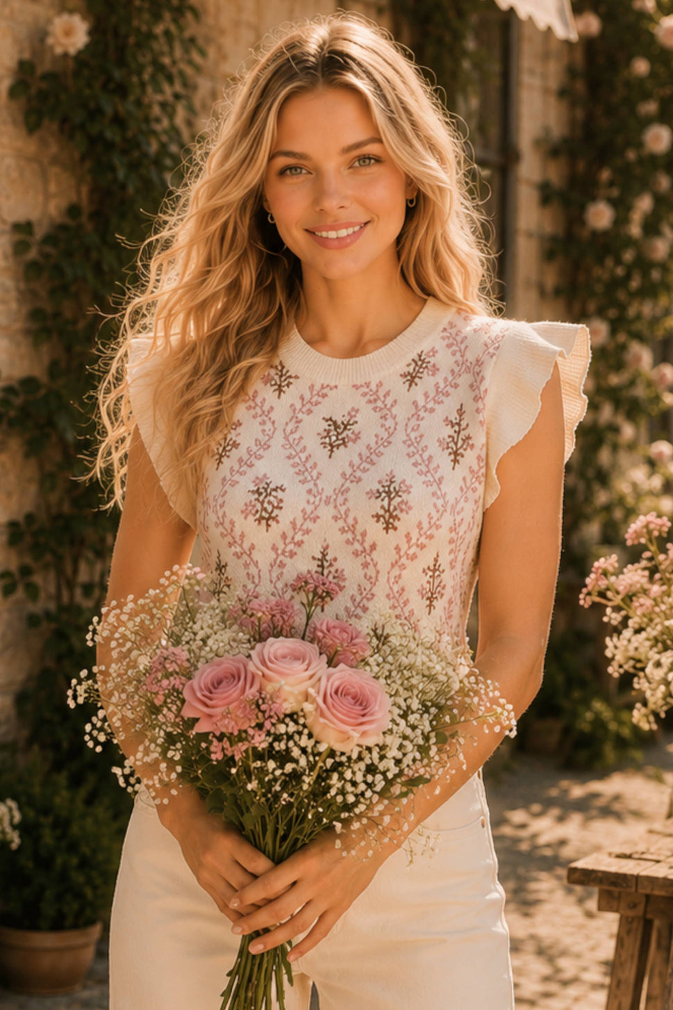Floral Jacquard Ruffle Sleeve Knit Top: ROSE PINK