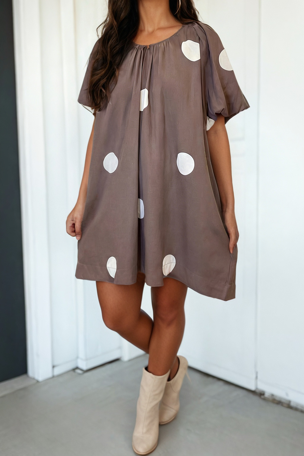 LAS-LIVE Polka Dot Knot Back Loose Mini Dress