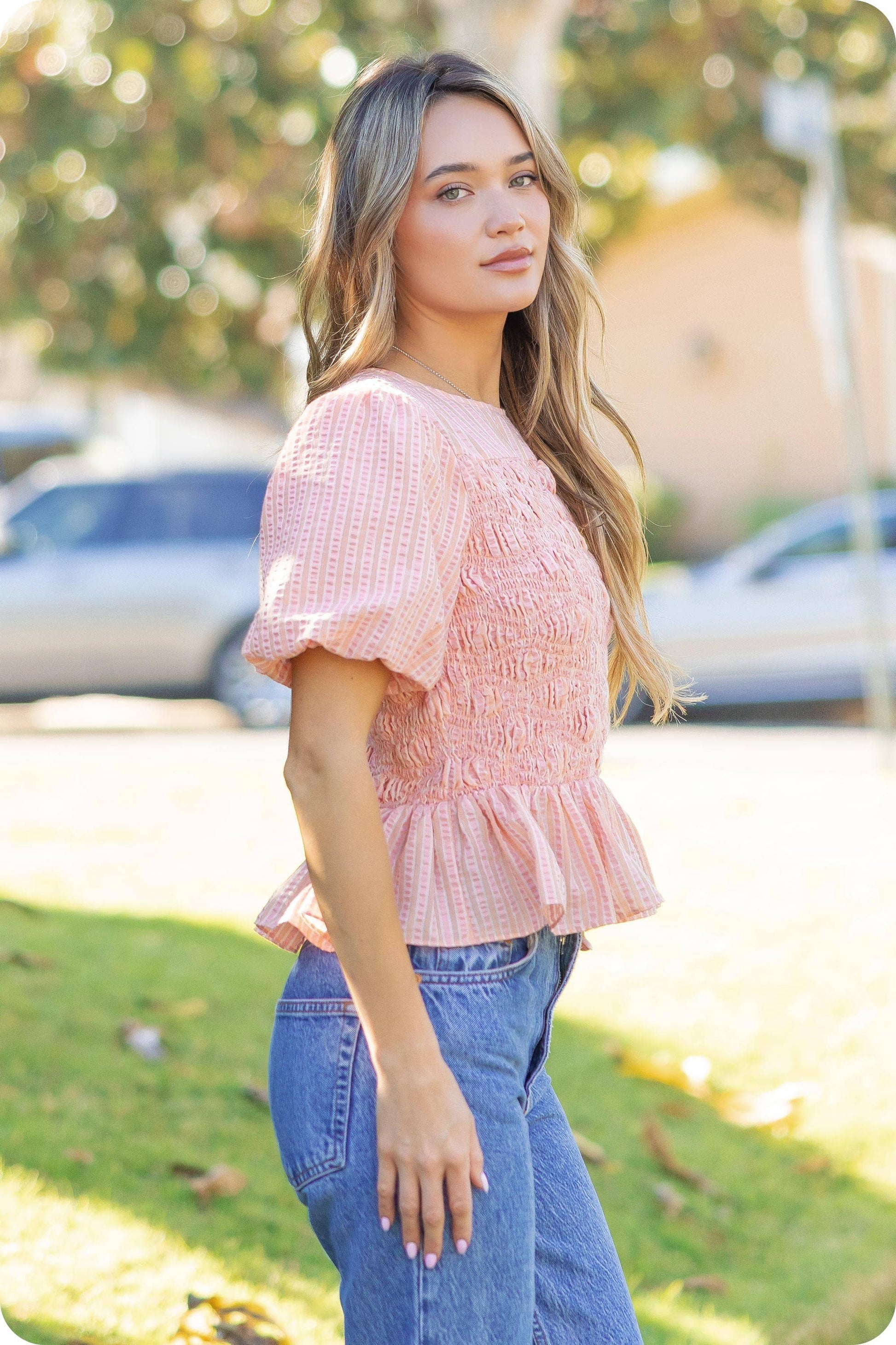 Wavy Smocking Detail Short Puff Sleeve Top
