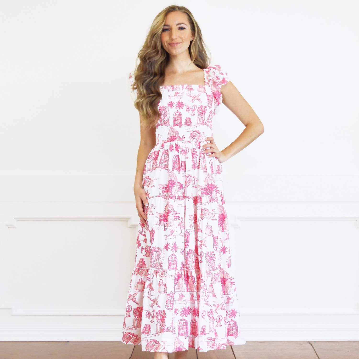 PINK TOILE SMOCKED FLUTTER SLEVE DRESS