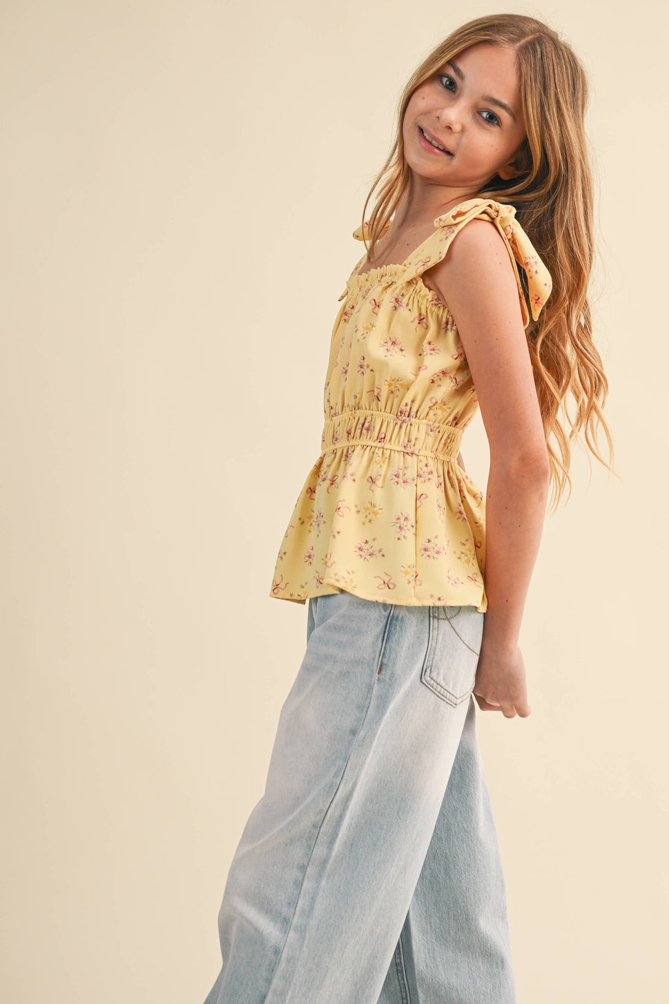TWEEN KIDS GIRLS BOW SHOULDER PEPLUM TOP