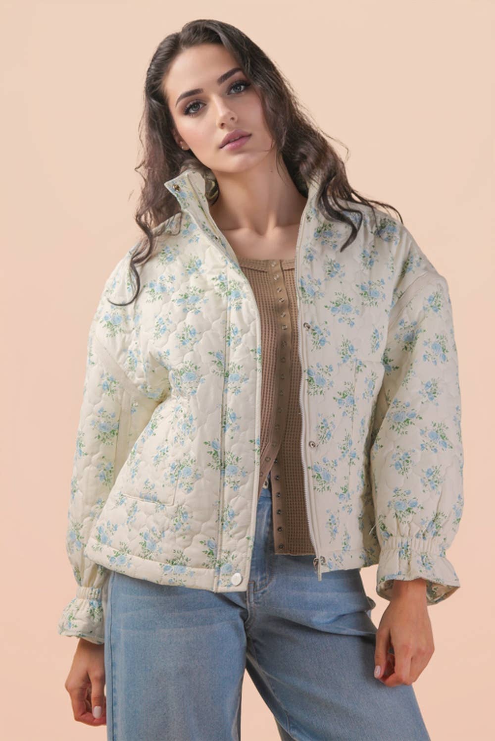 Floral Print Quilted Oversized Casual Jacket