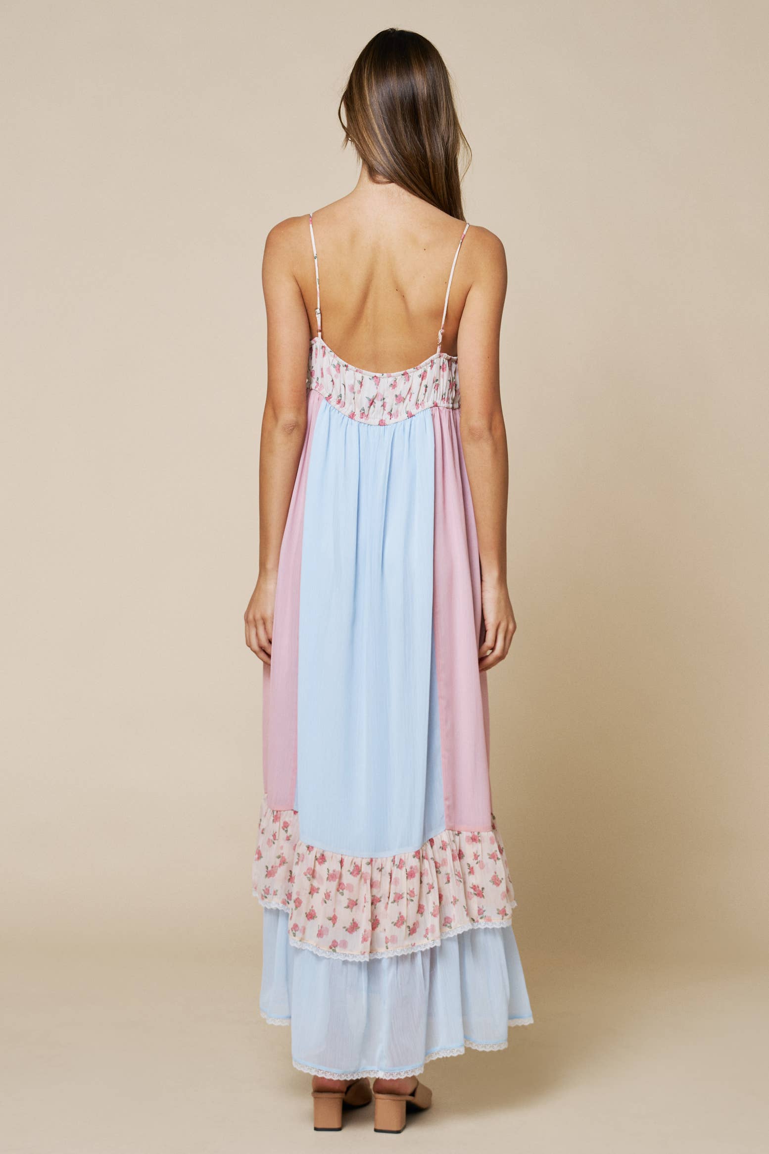 Floral Print Color Block Ruffled Sleeveless Maxi Dress