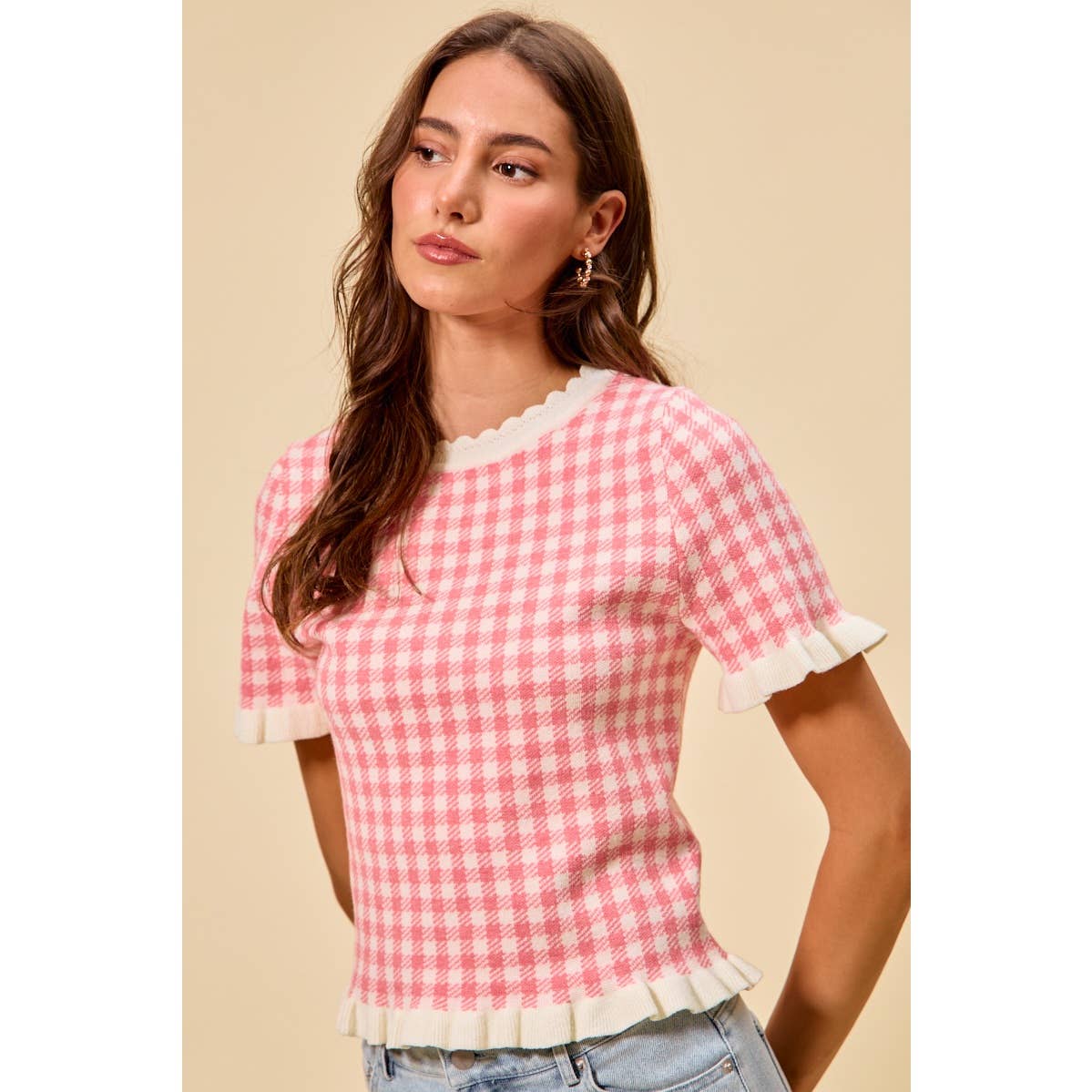 GINGHAM KNIT RUFFLED SHORT SLEEVES SWEATER TOP