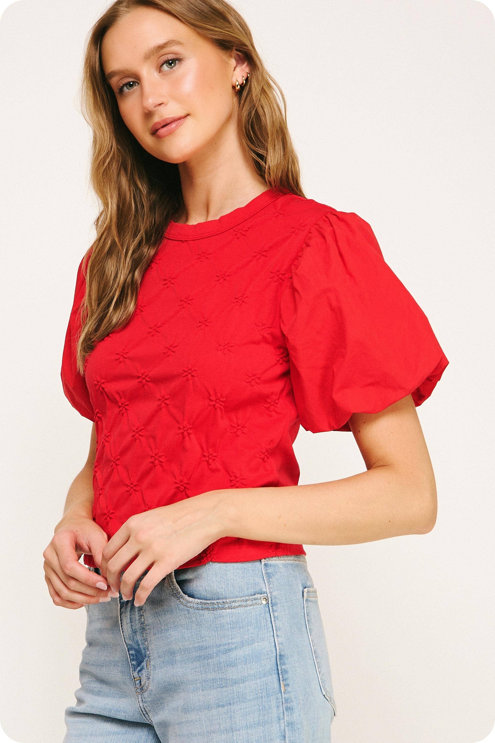 Flower Embossed Puff Sleeve Tee Top