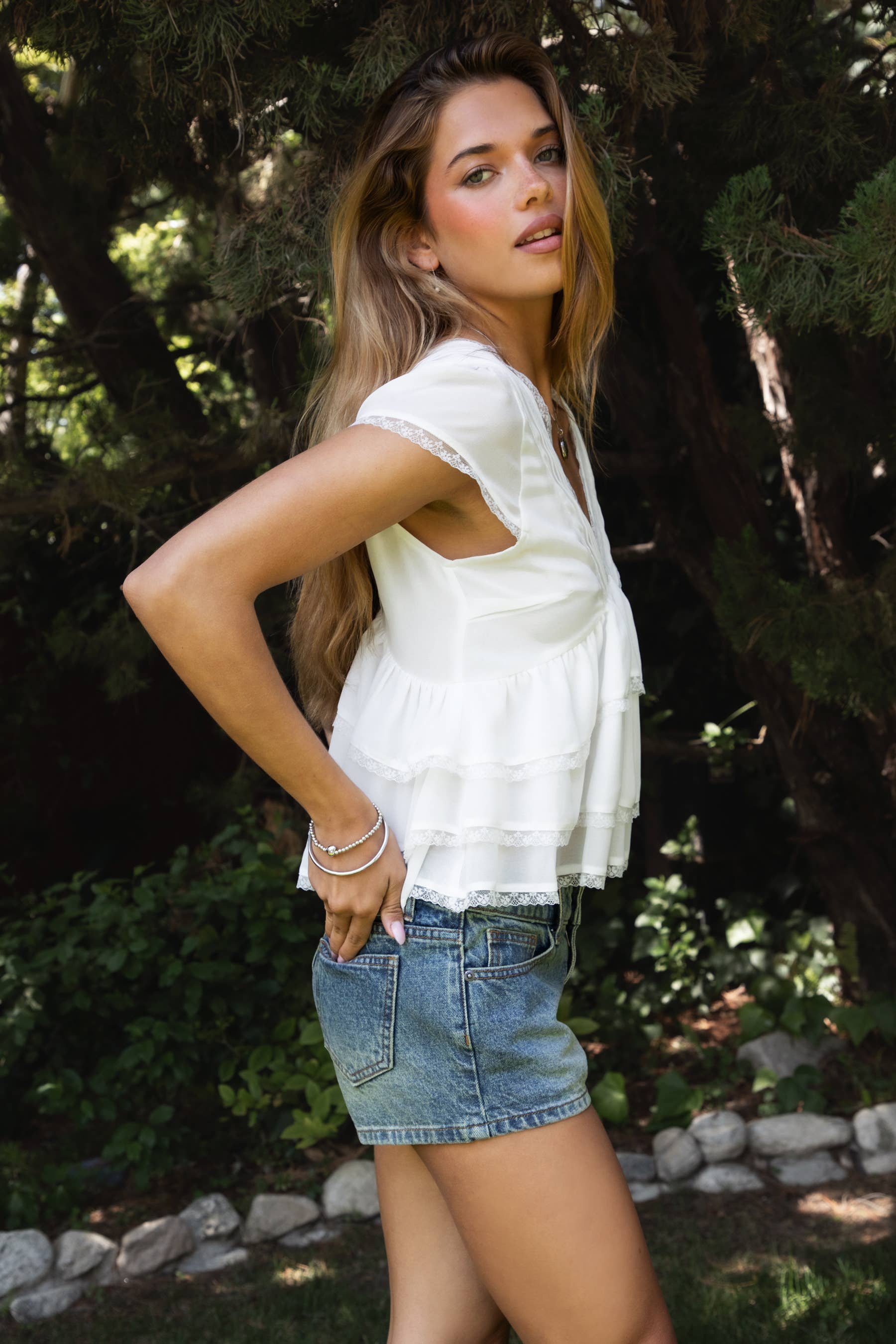 V Neck Tiered Ruffle Short Sleeve Blouse Top