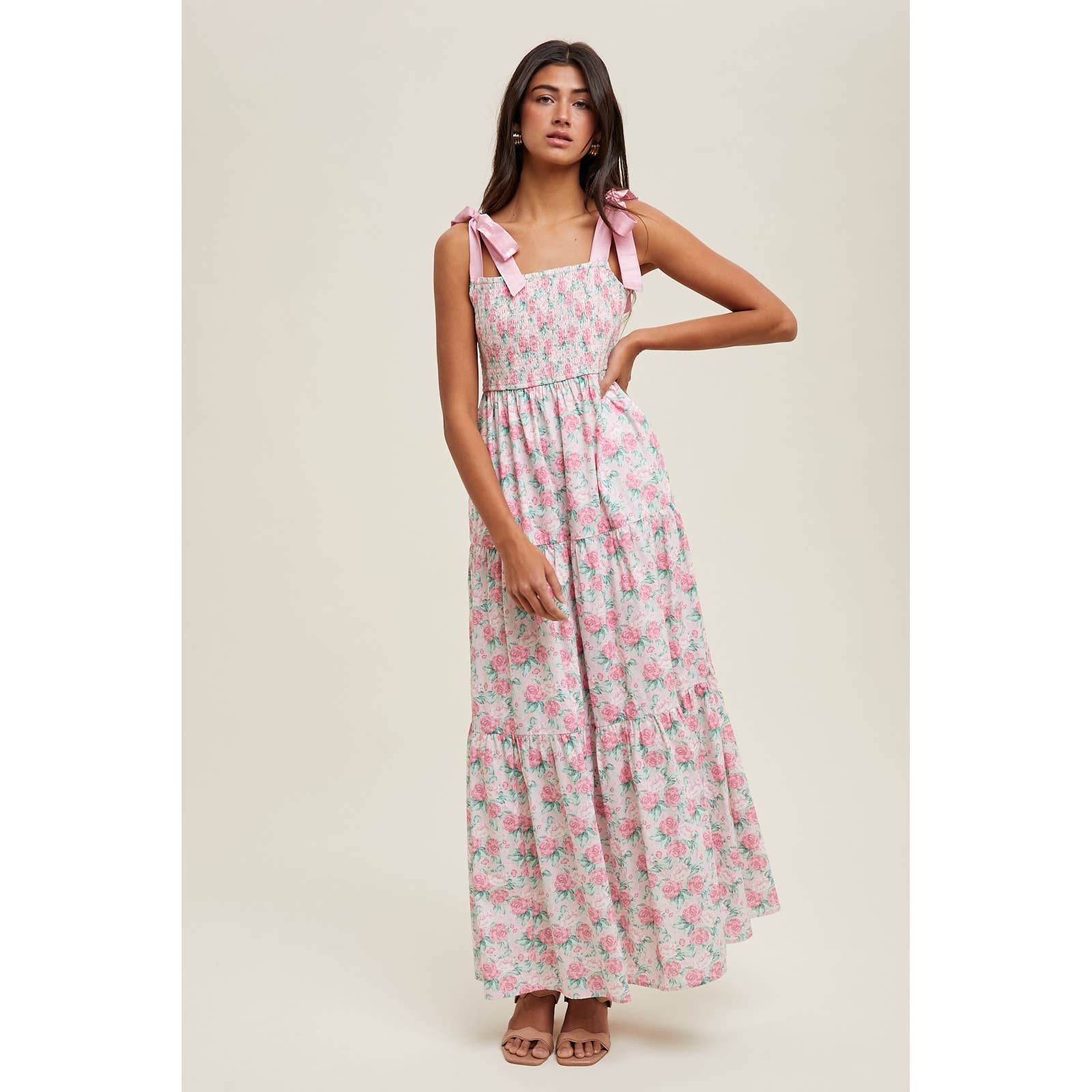 FLORAL SELF TIE SHOULDER MIDI DRESS / WL25-