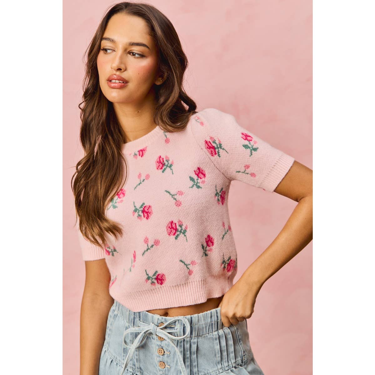 FLORAL PATTERN KNIT PUFF SLEEVES SWEATER TOP