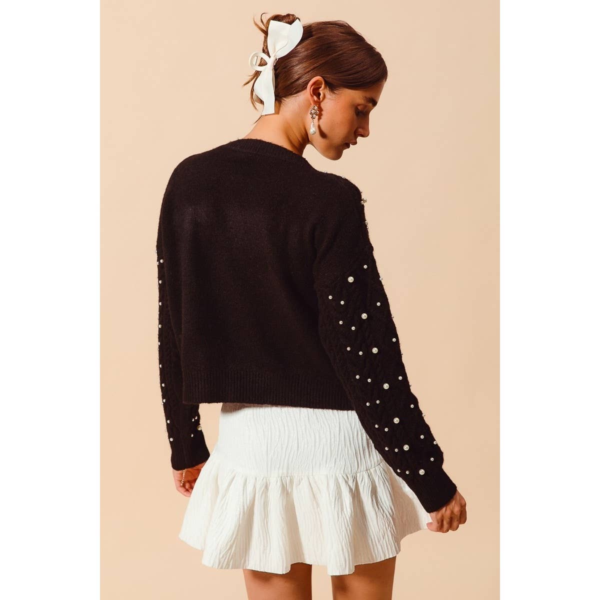 PEARL EMBELLISHED CABLE KNIT ROUND NECK SWEATER