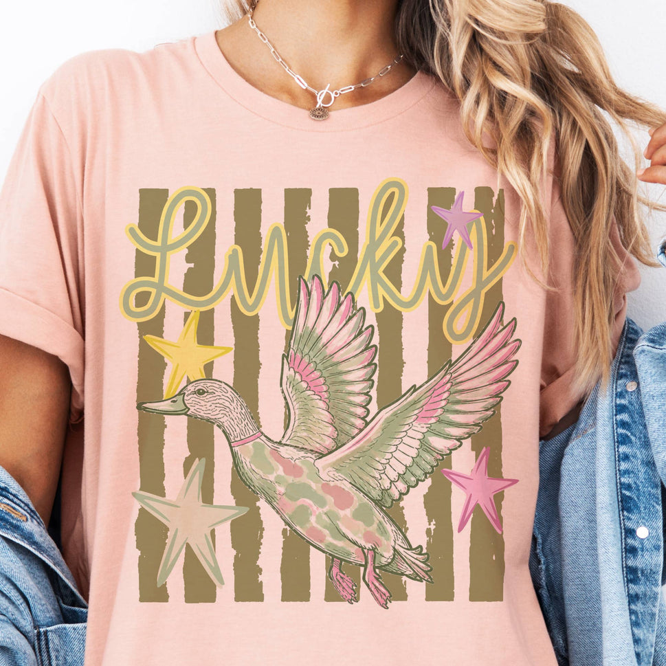 Lucky Duck Preppy Camo Sarcastic Retro Graphic Tee