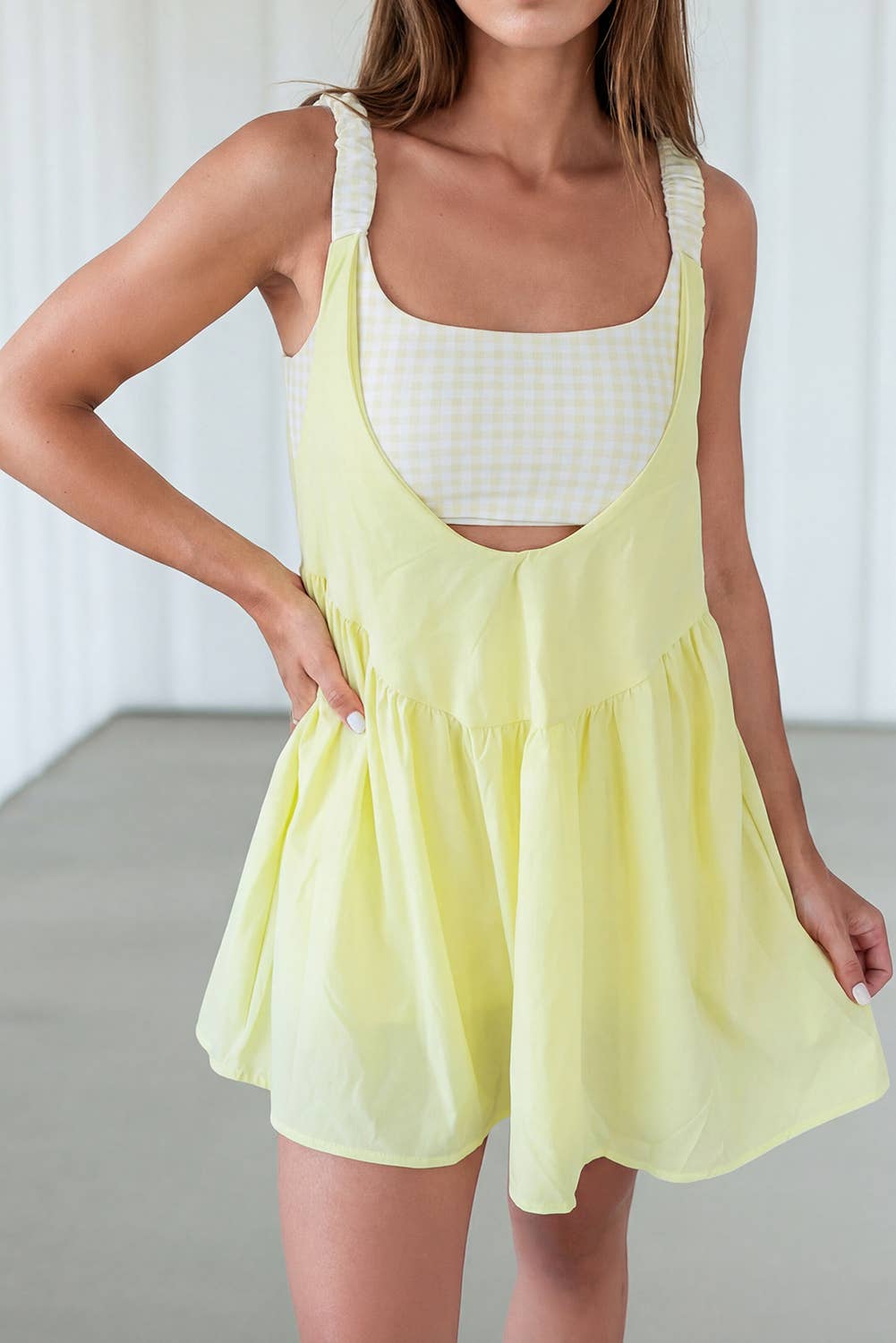 Faux Two Piece Gingham Patchwork Mini Dress