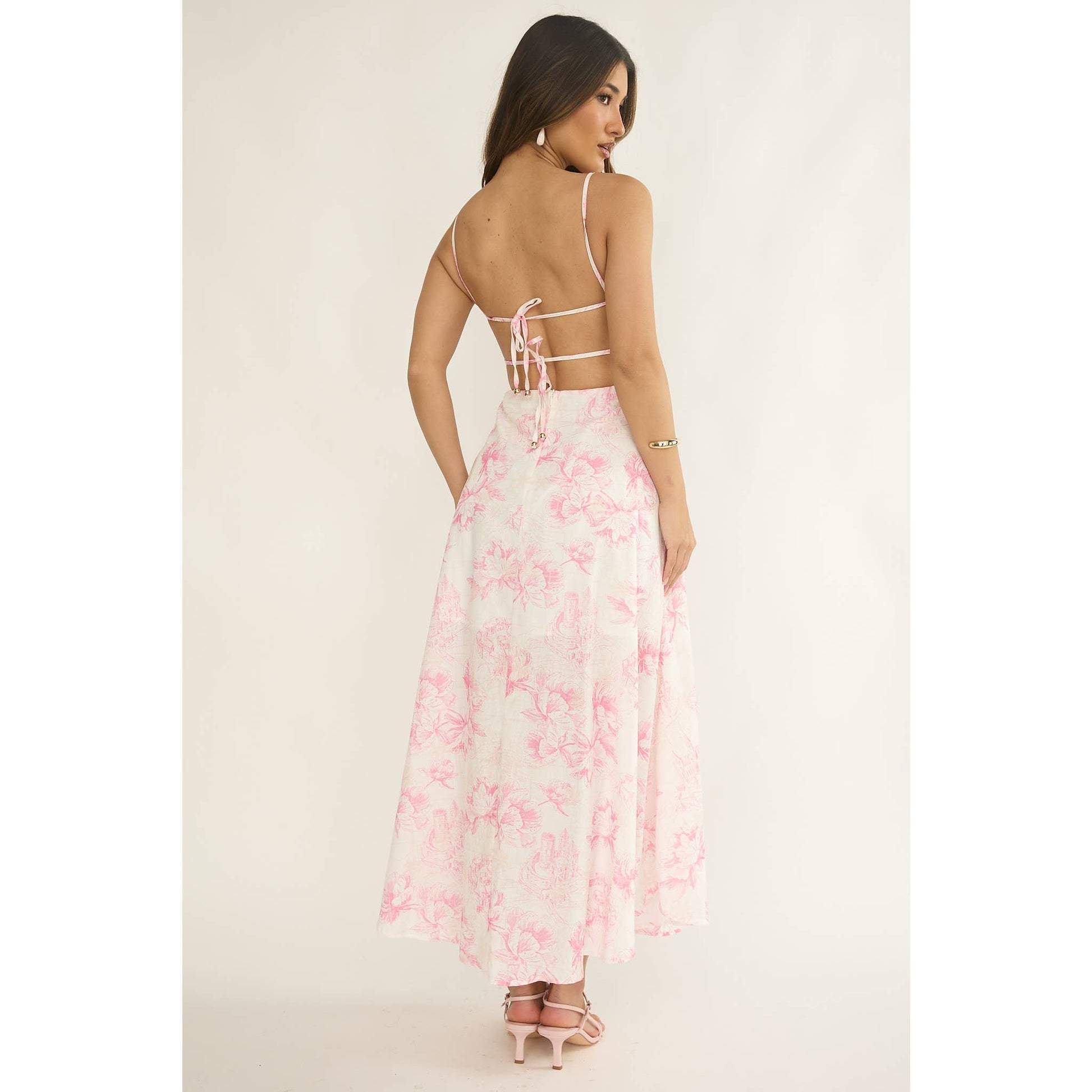 PINK RUCHED FLORAL MAXI DRESS