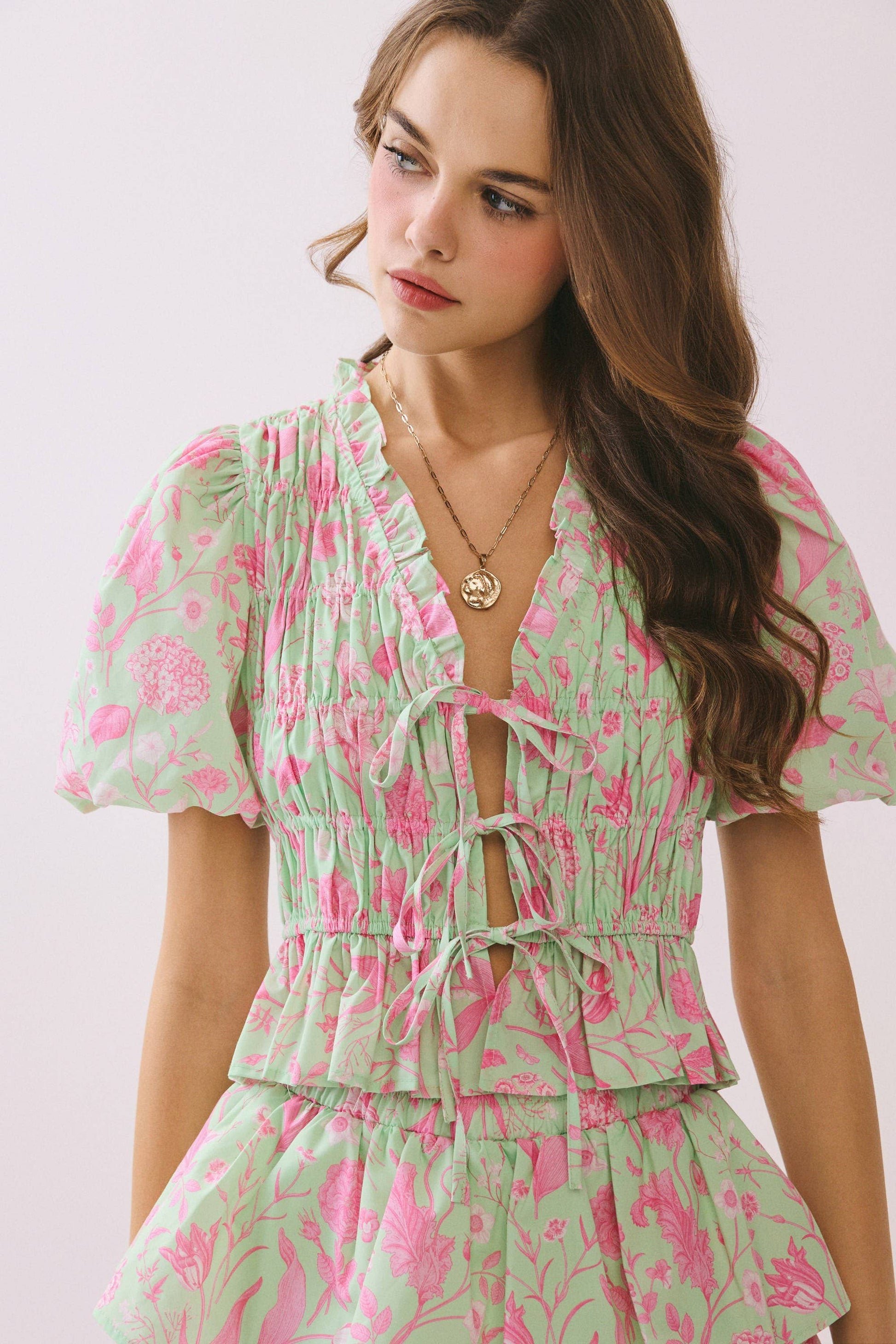 Floral Print Smocked Bodice Lace Up set