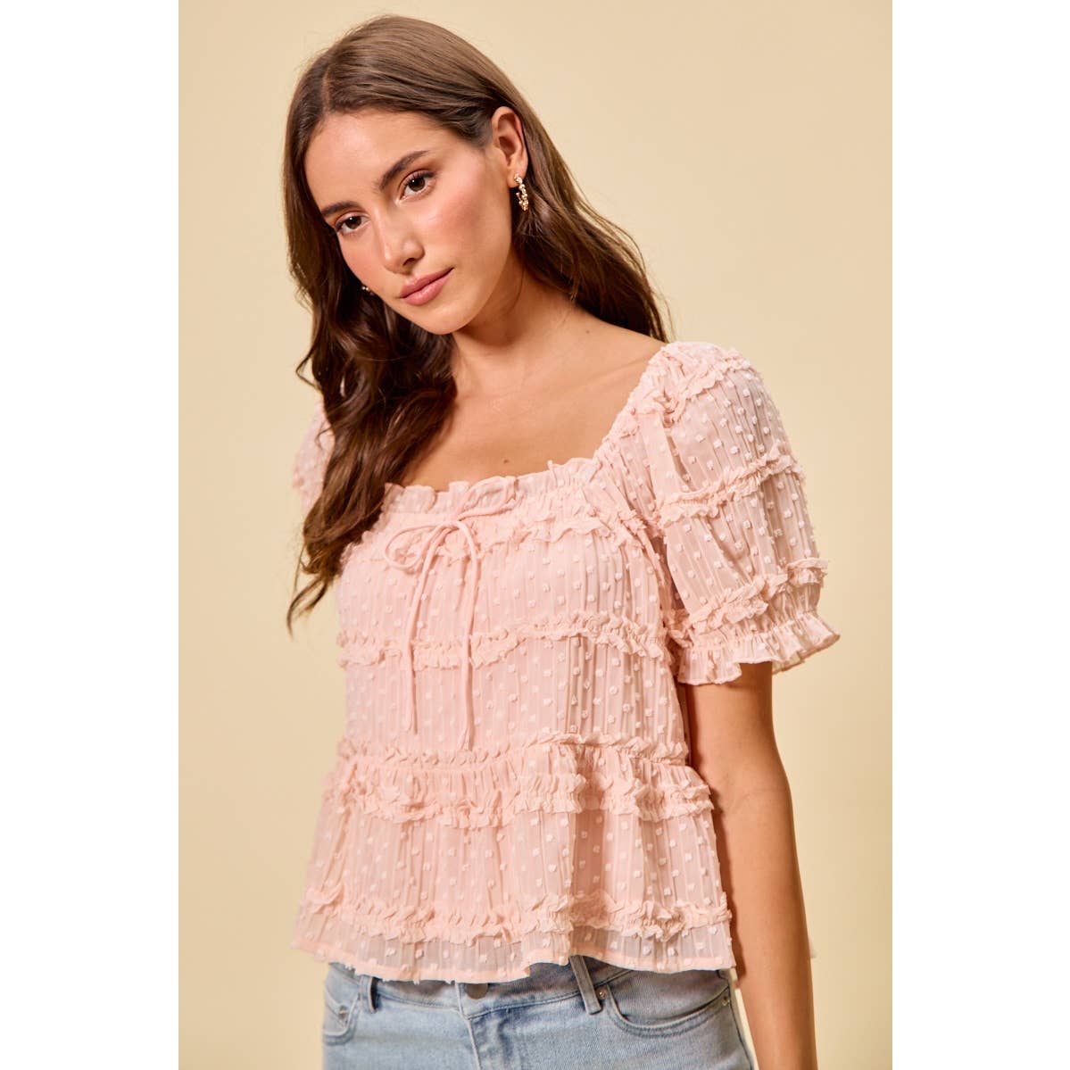 TEXTURED CLIP DOT RUFFLE SHORT SLEEVES BLOUSE TOP