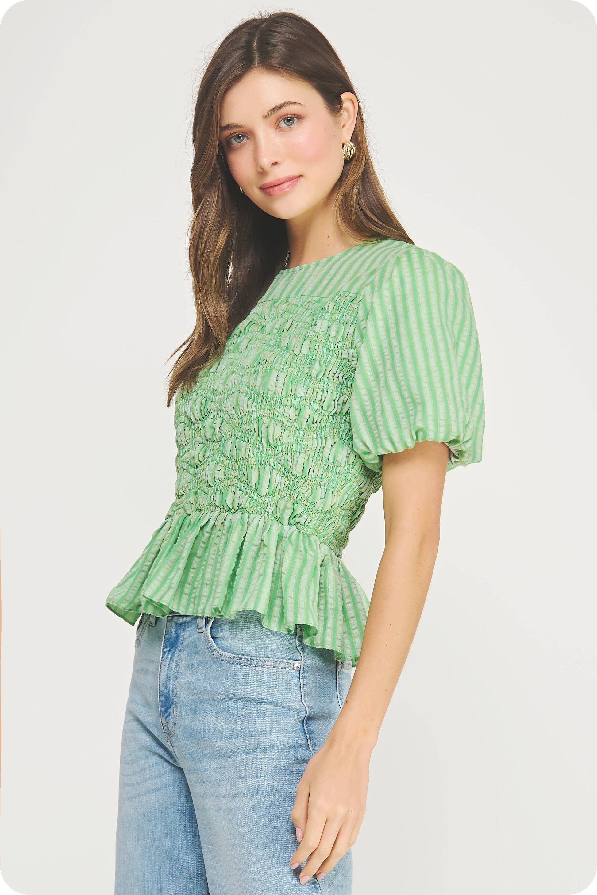 Wavy Smocking Detail Short Puff Sleeve Top