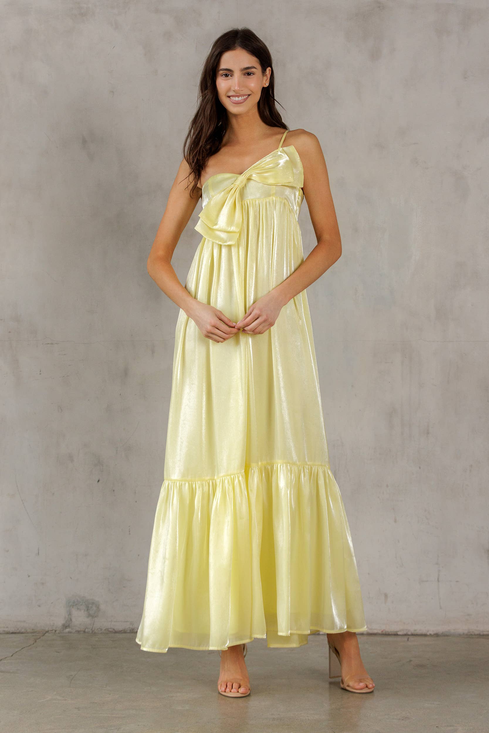 SATIN METALLIC SHEEN MAXI BOW DRESS