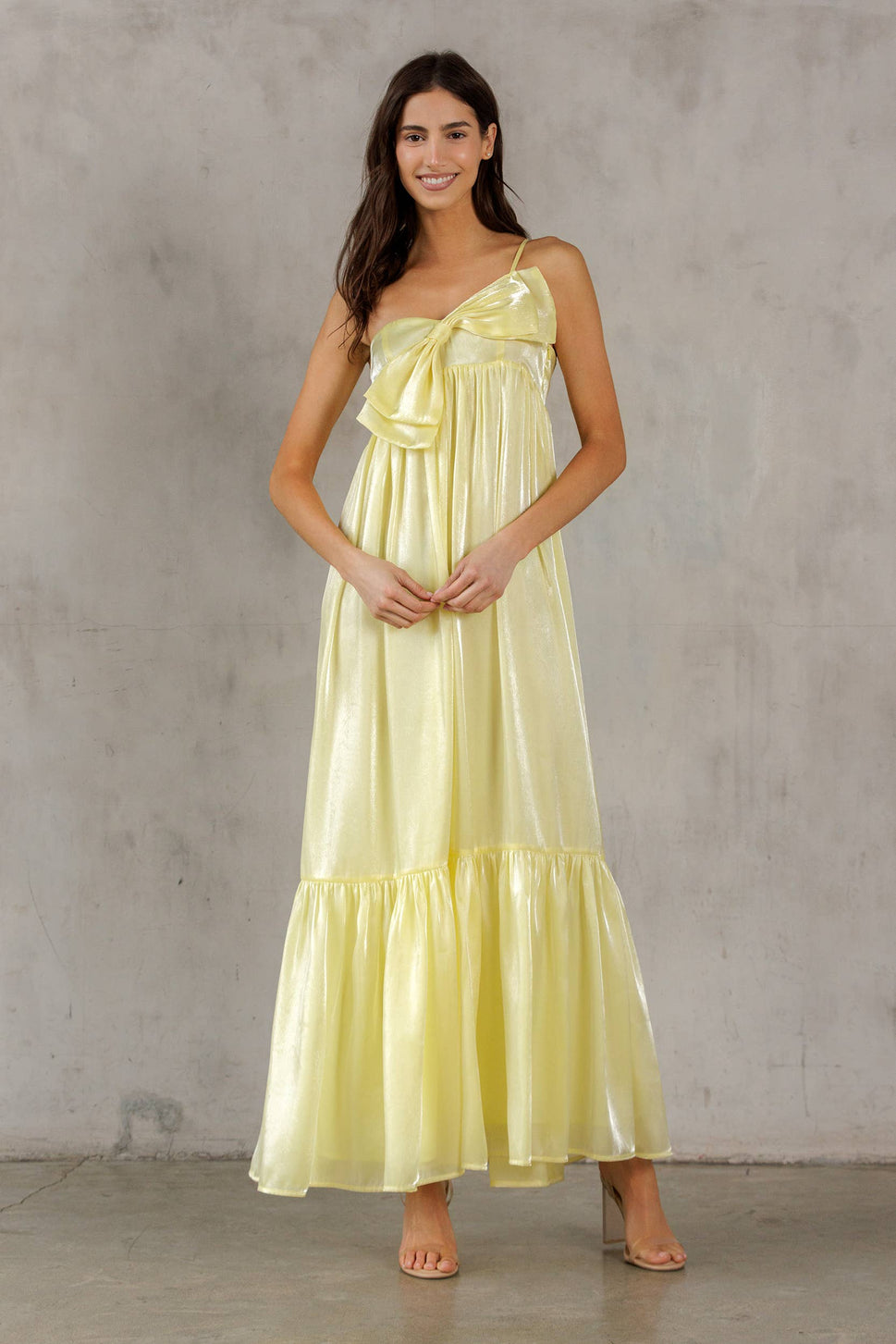 SATIN METALLIC SHEEN MAXI BOW DRESS