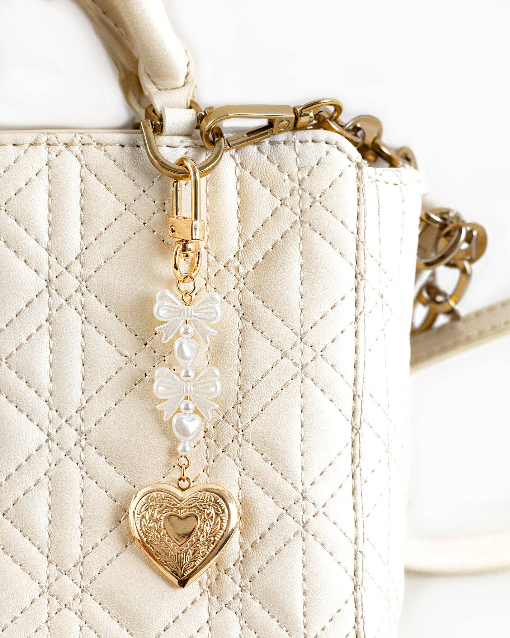 Bow Pearl Heart Locket Bag Charm: Gold
