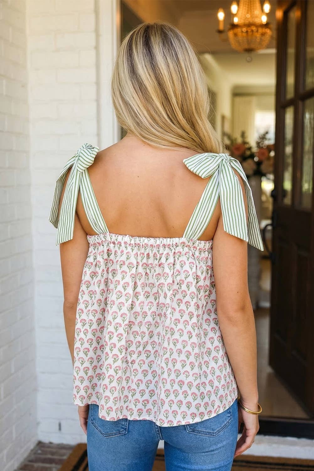 LAS-LIVE Floral Printed Knot Straps Babydoll Tank Top