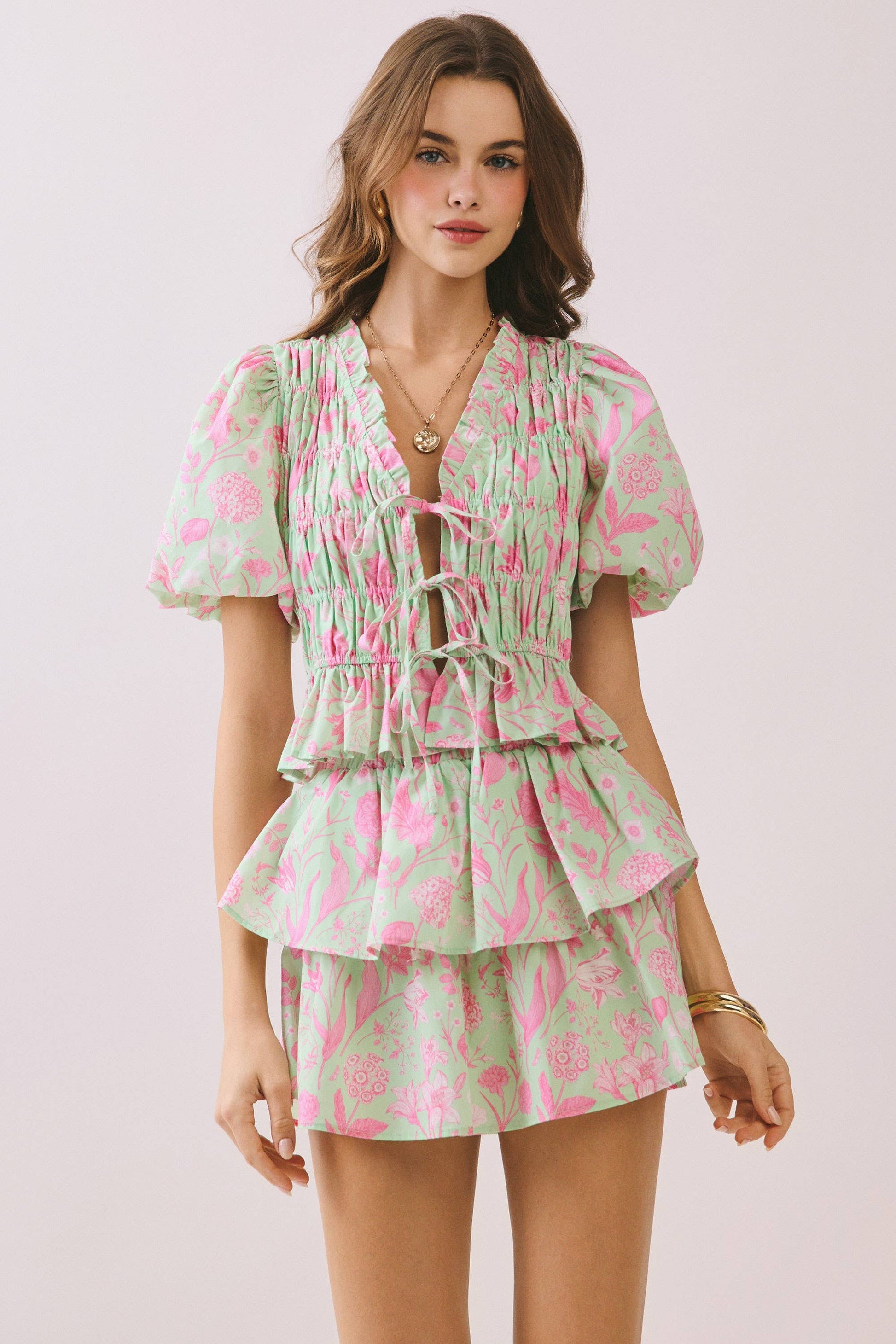 Floral Print Smocked Bodice Lace Up set