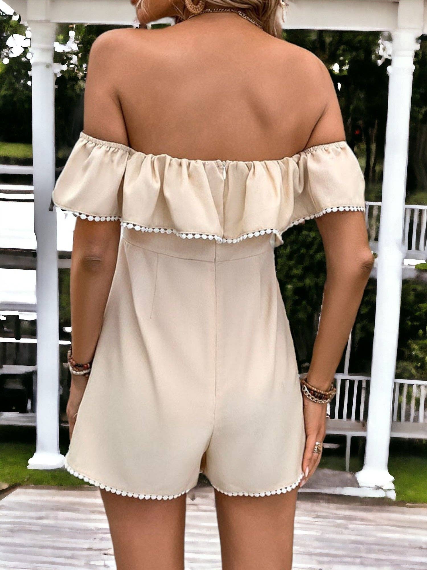 RUFFLED OFF SHOULDER JUMPSUIT W/ RIBBON TIE WAIST