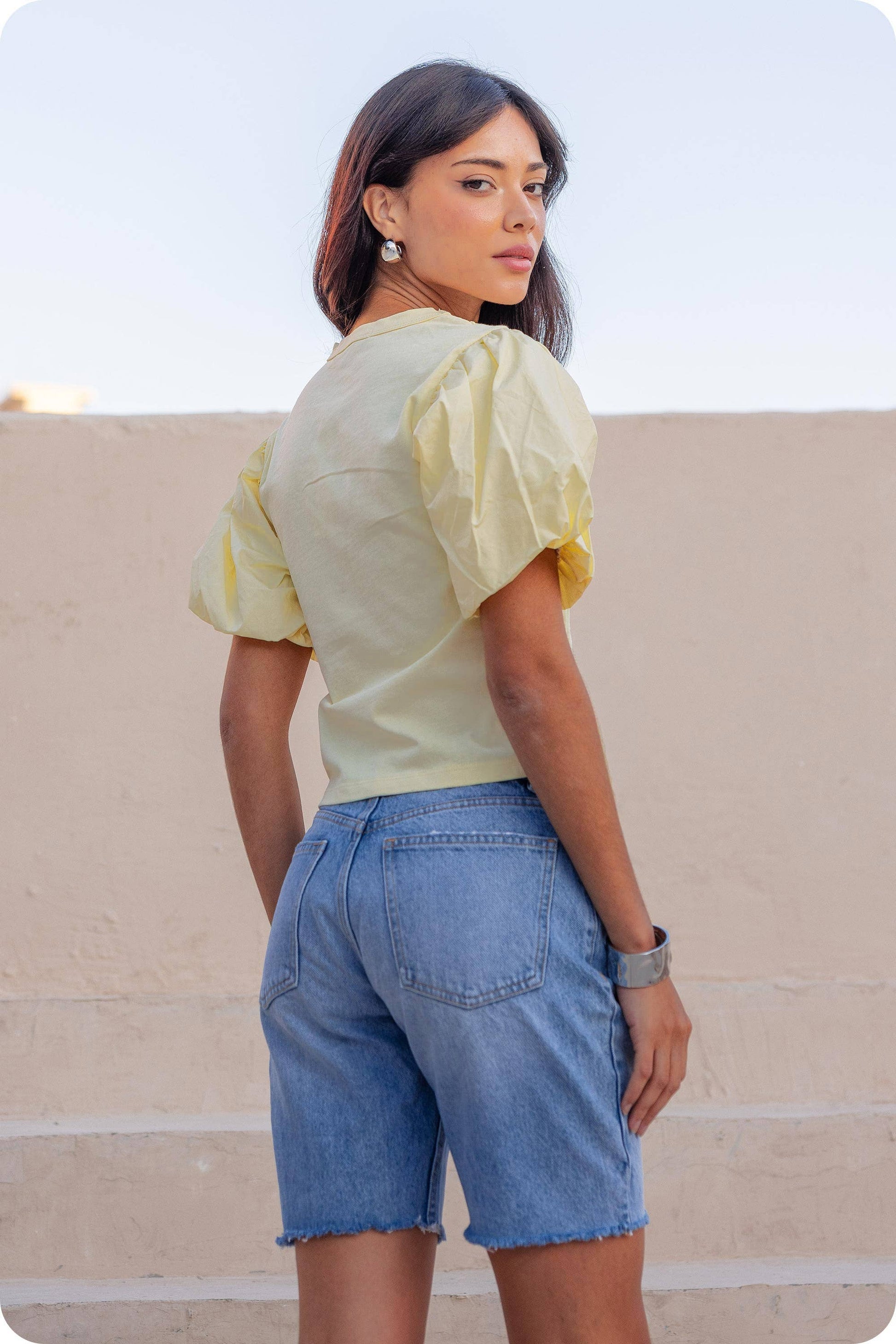 Flower Embossed Puff Sleeve Tee Top
