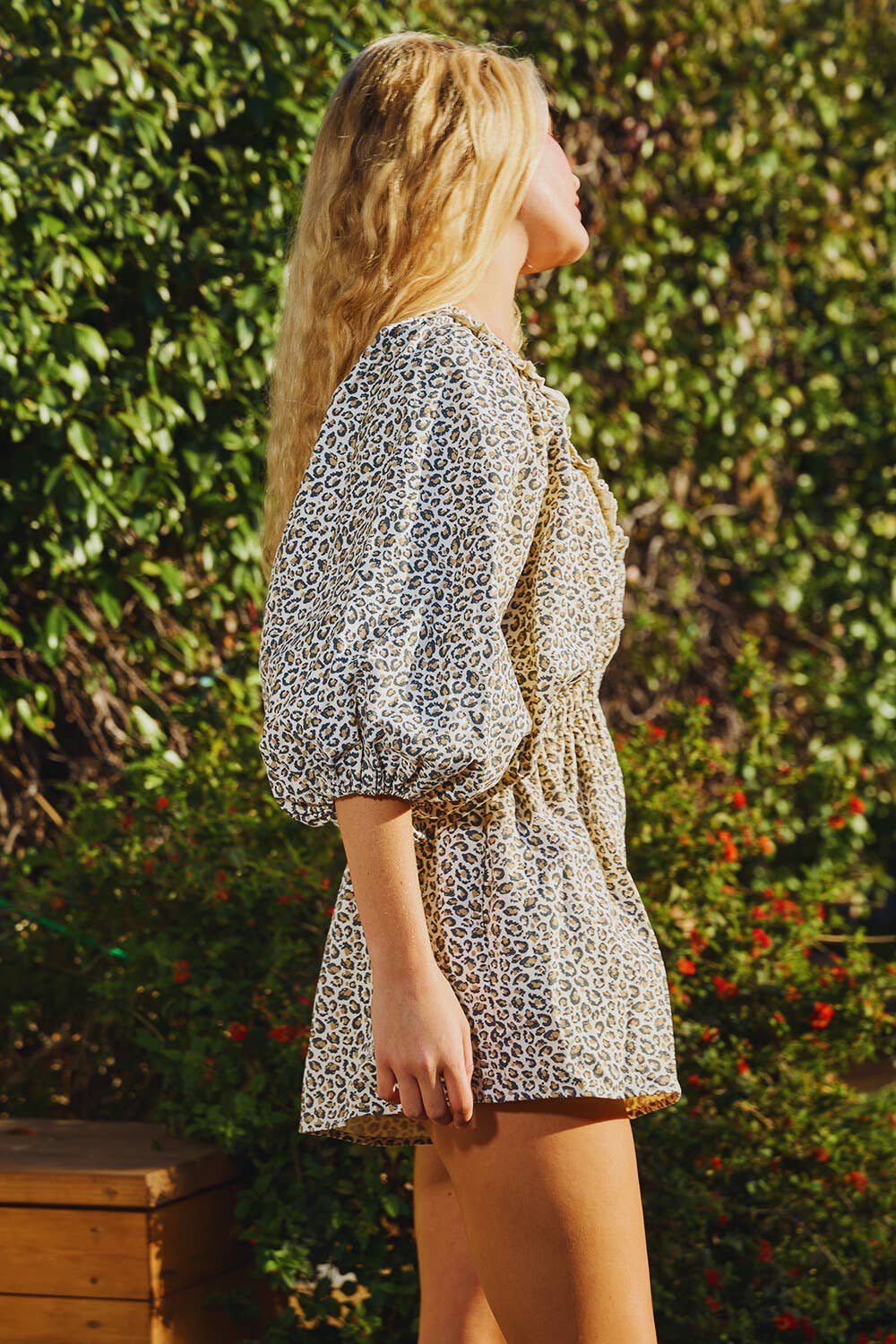 SMOCKED V-NECK RUFFLED LEOPARD PRINT ROMPER