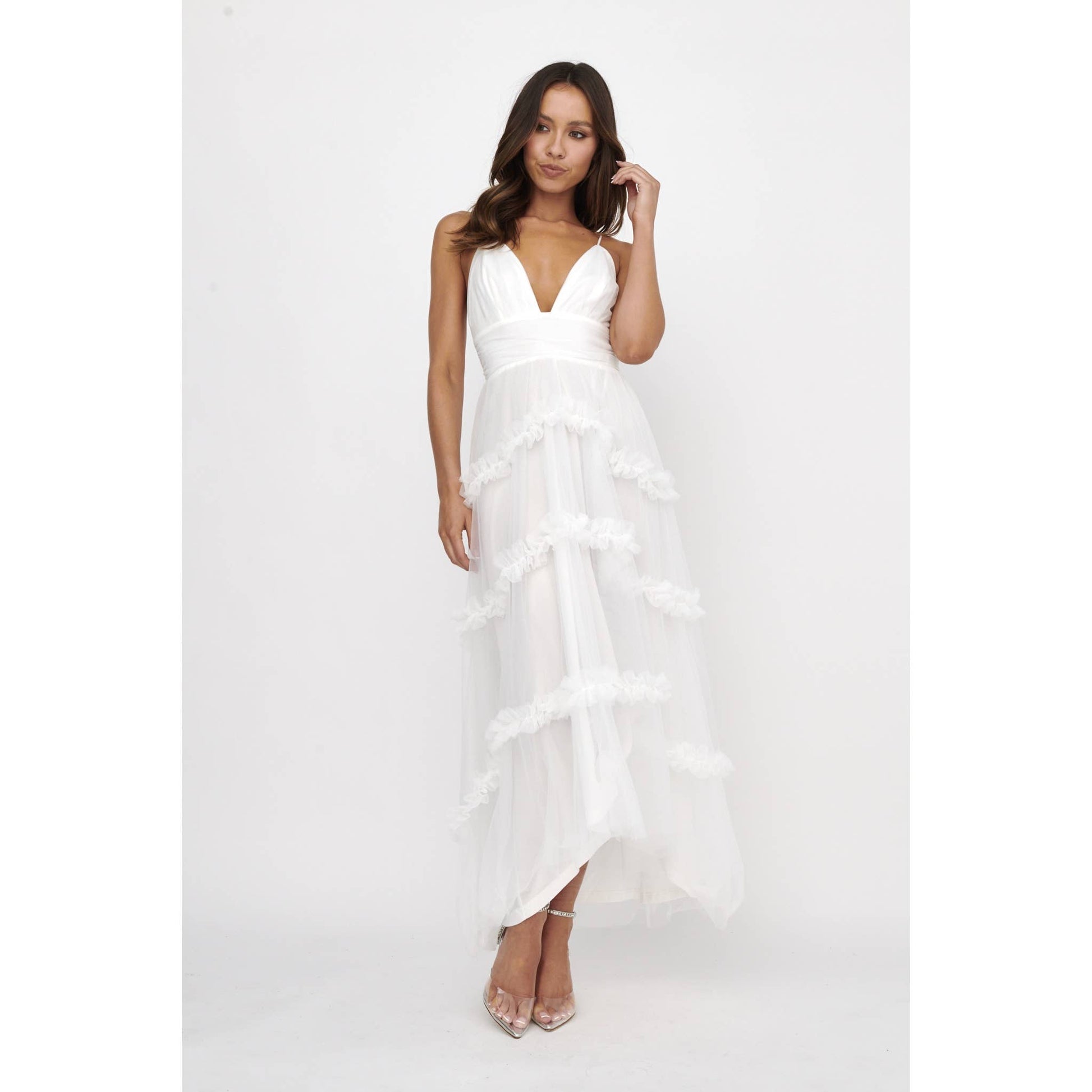 DEEP-V TIERED TULLE MIDI DRESS