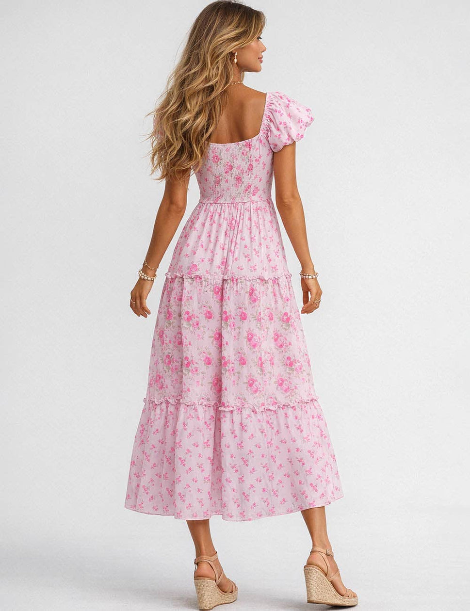 *Ladies Boho Floral Print Tie Neck Puff Sleeves Maxi Dress