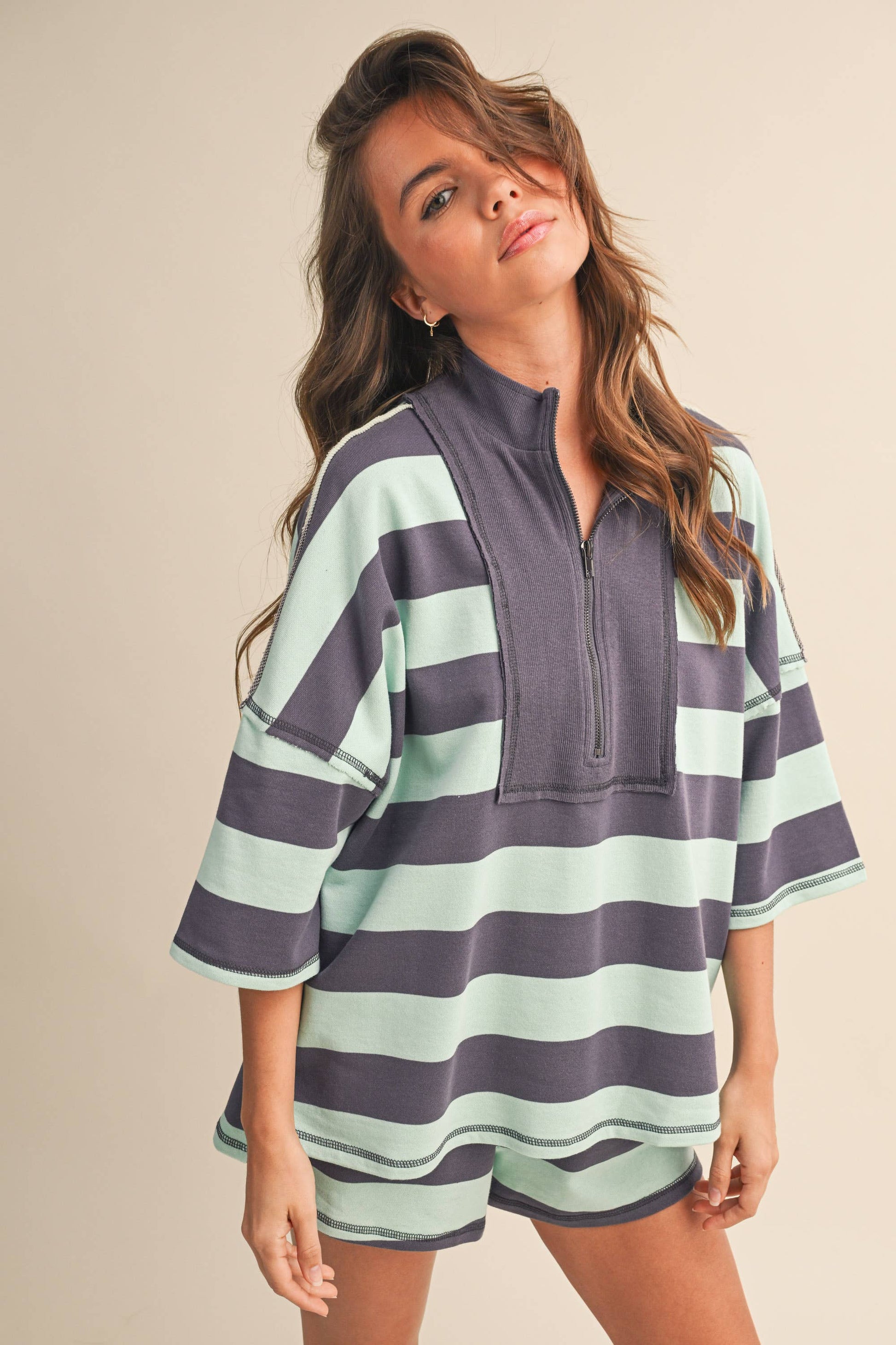 STRIPED HALF ZIP TOP AND SHORTS SET
