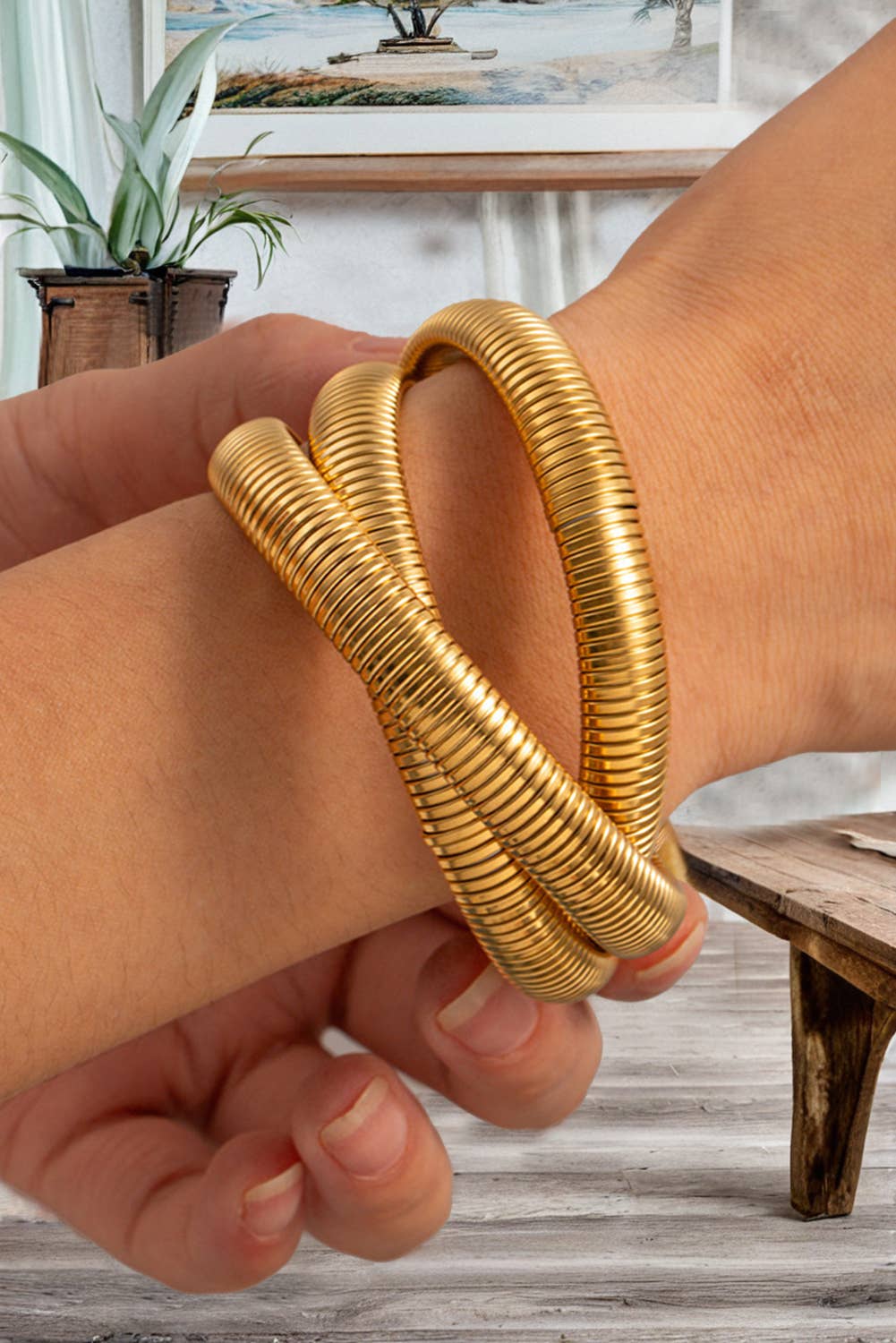 3 Layers Chunky Alloy Bangle: Gold