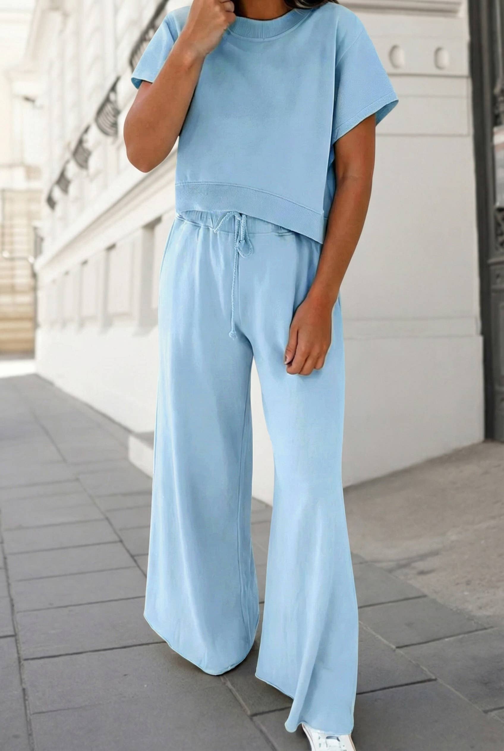 Soft Color Tee & Wide Leg Pants 2pcs Set blue