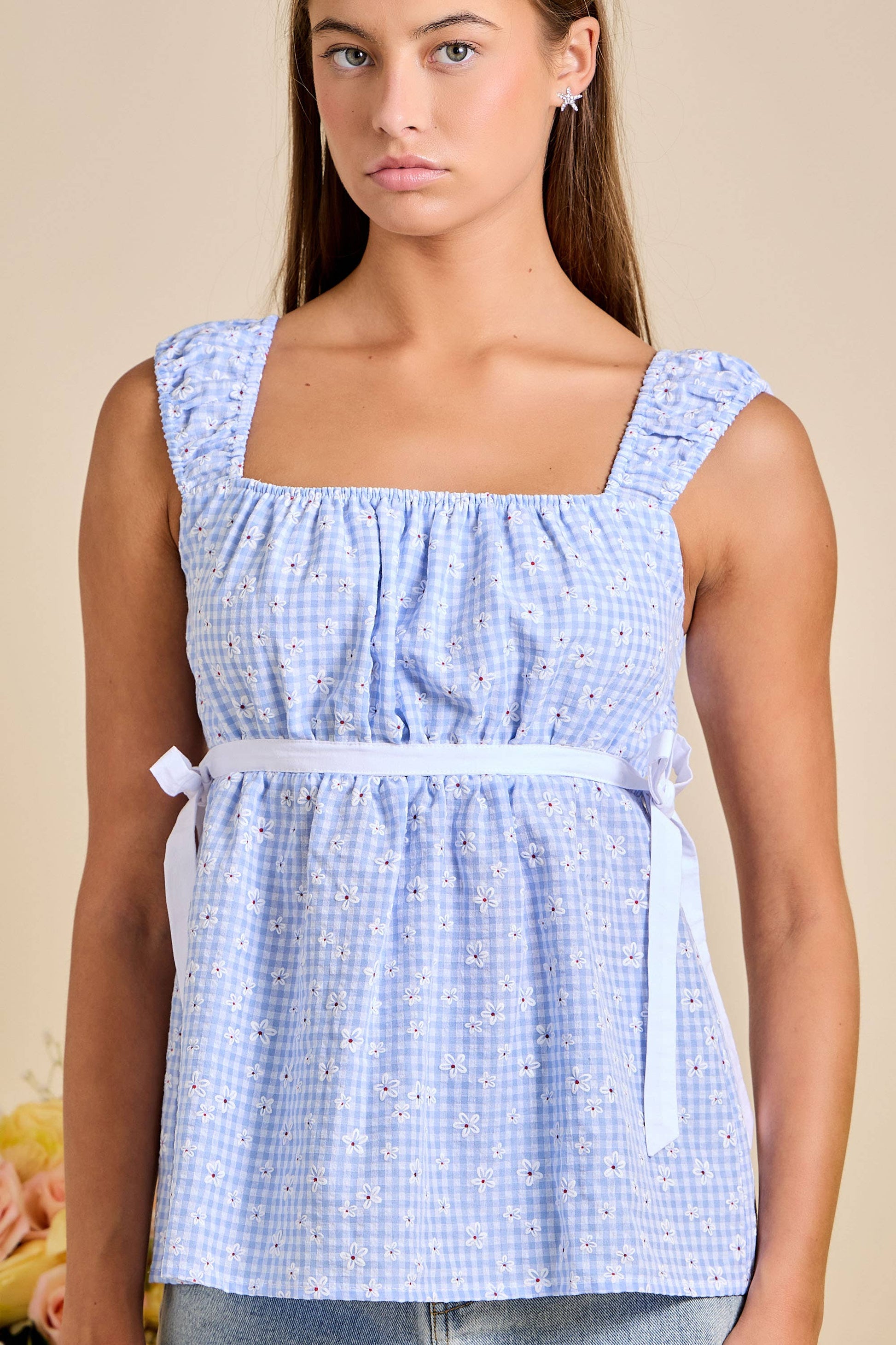 Smocked Ruffle Strap Peplum Top - Gingham Daisy