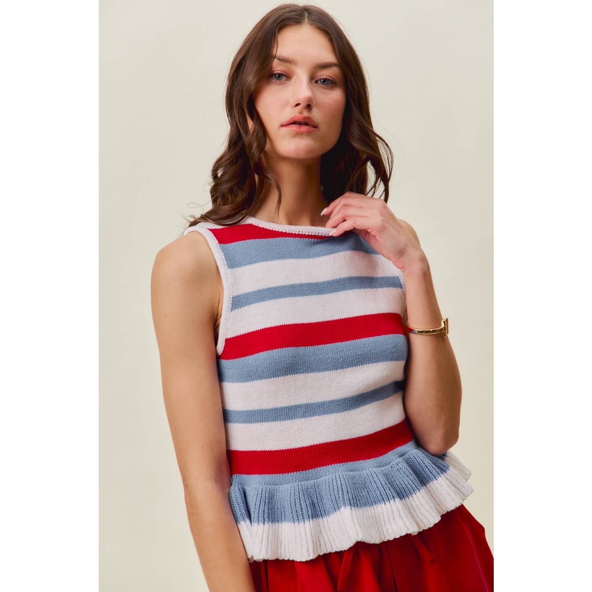 4TH OF JULY STRIPE RUFFLE BOTTOM SWEATER KNIT TOP