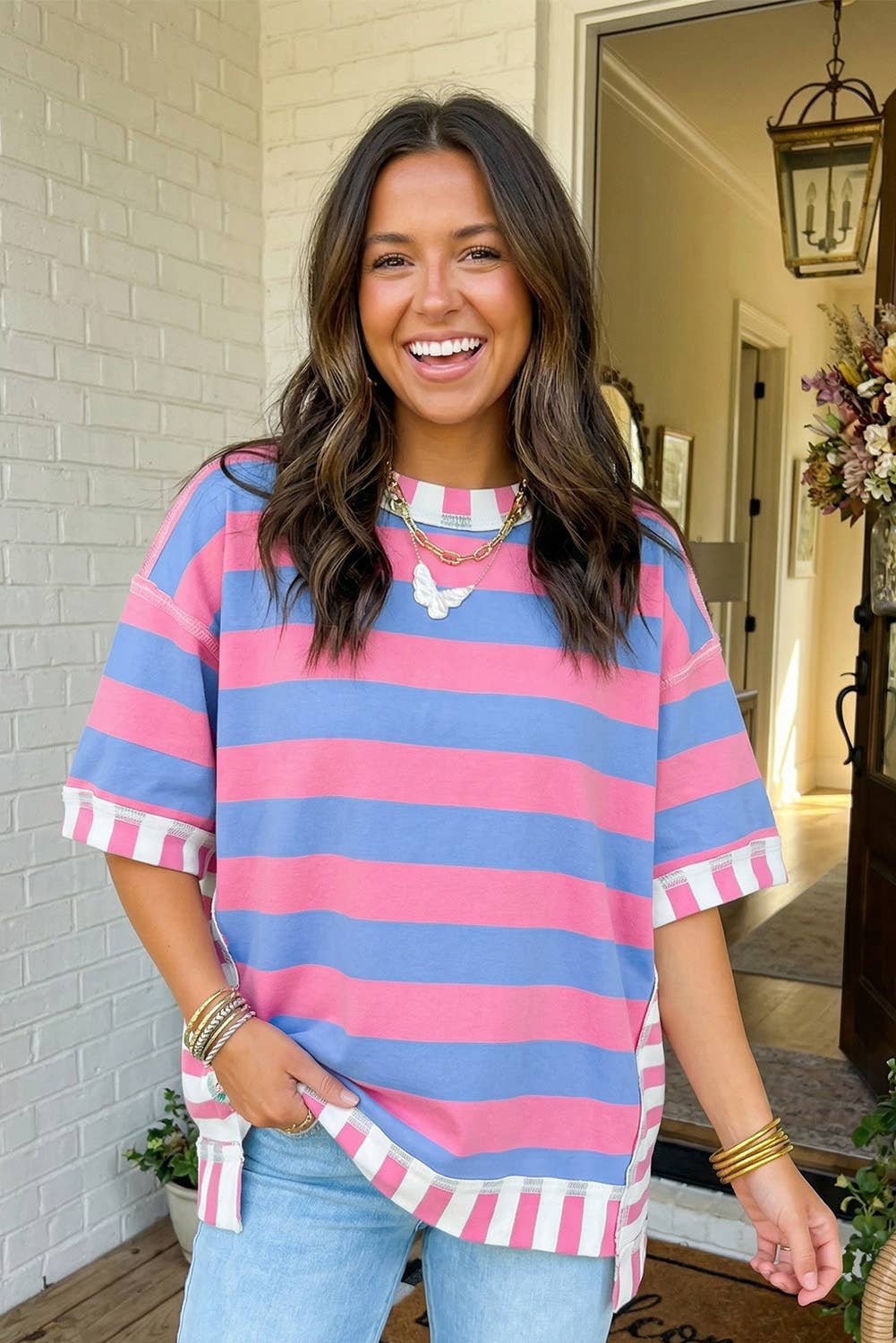 LAS Stripe Exposed Seam Patchwork Top
