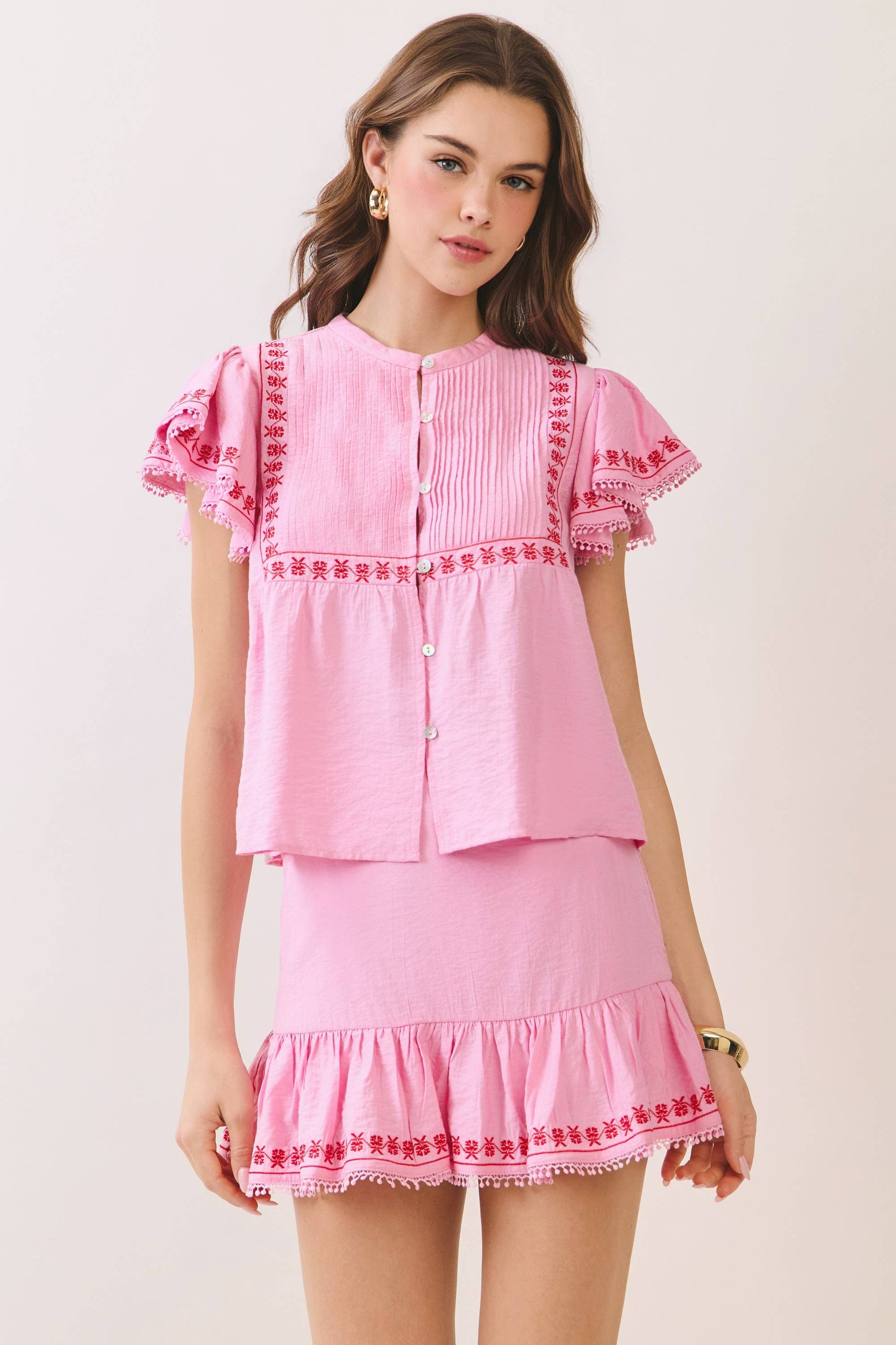 Embroidered Ruffle Trim Detail Button Down Sleeve Top