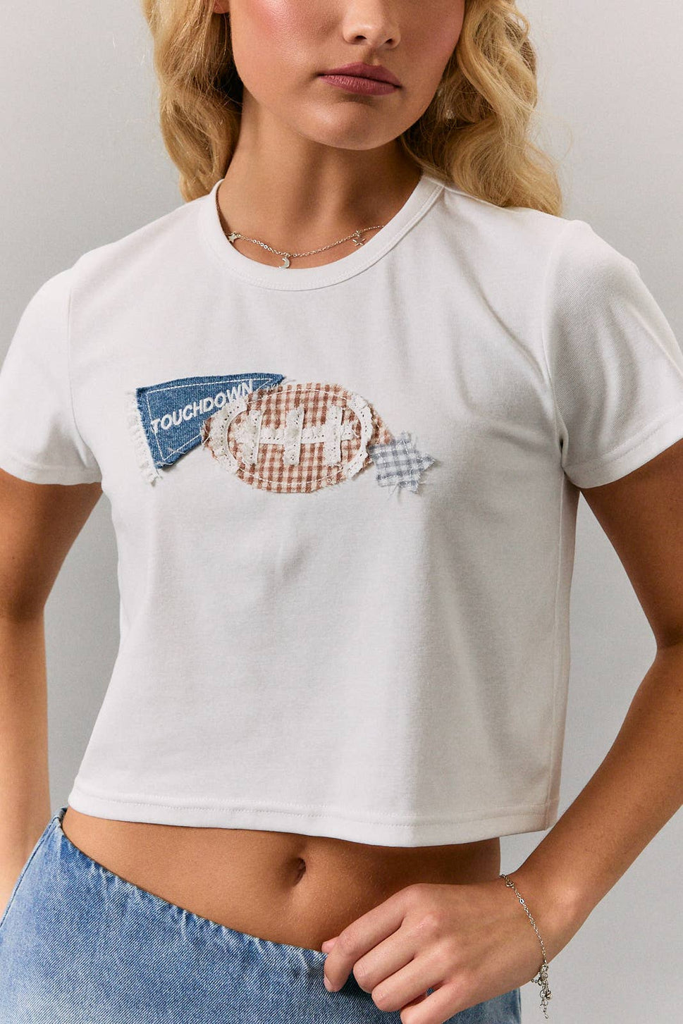 "TOUCH DOWN" PATCHWORK SHORT SLEEVE ROUND NECK BABY TEE