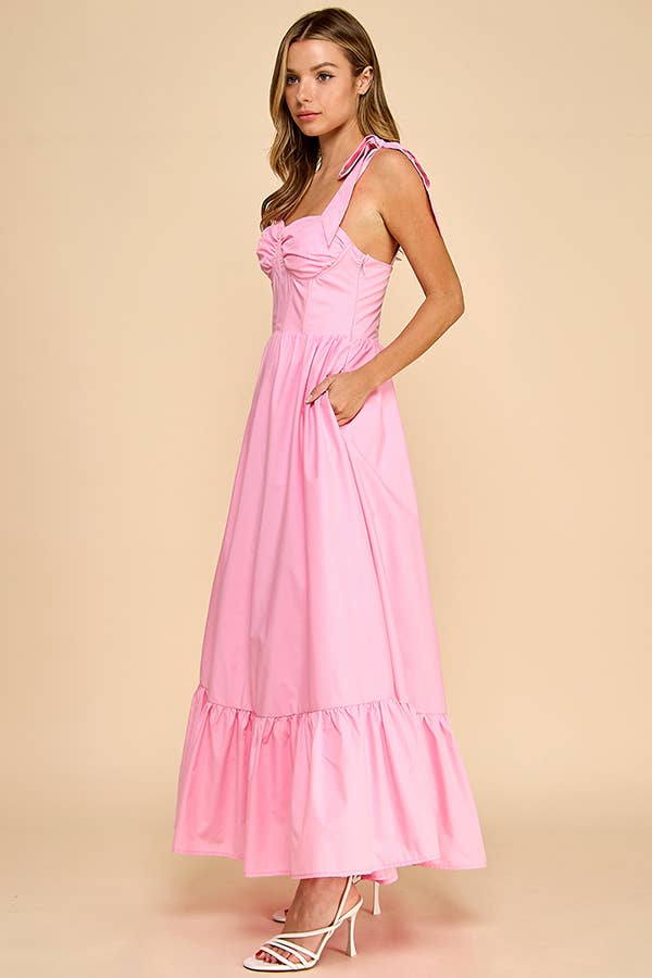 Bustier maxi dress with ruffle skirt and tied shoulder strap
