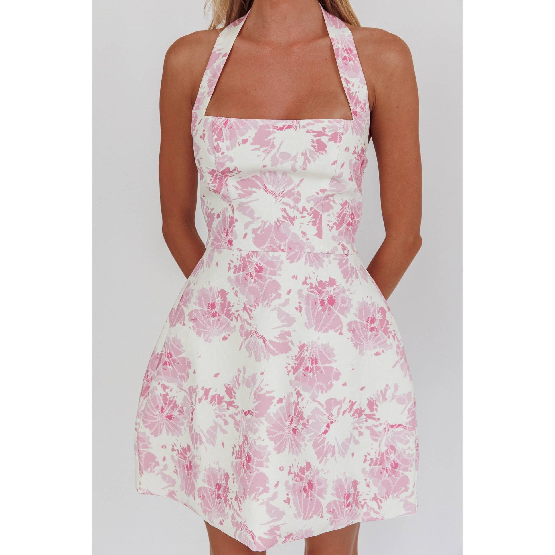 Halterneck Floral Mini Dress: Pink